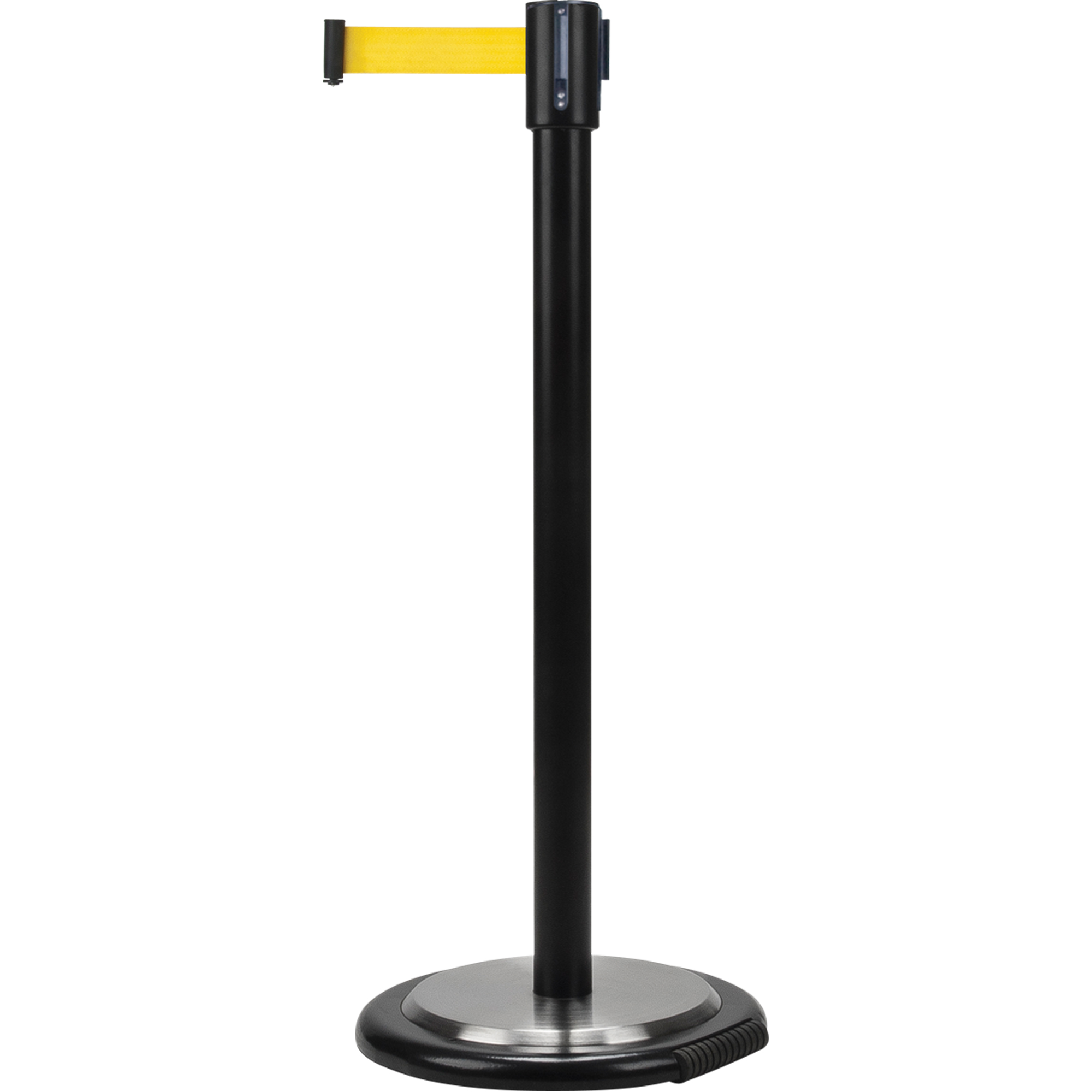 Barrières sur pieds pour le contrôle des foules, Acier, 35" h, Ruban Jaune, Longueur du ruban 12'