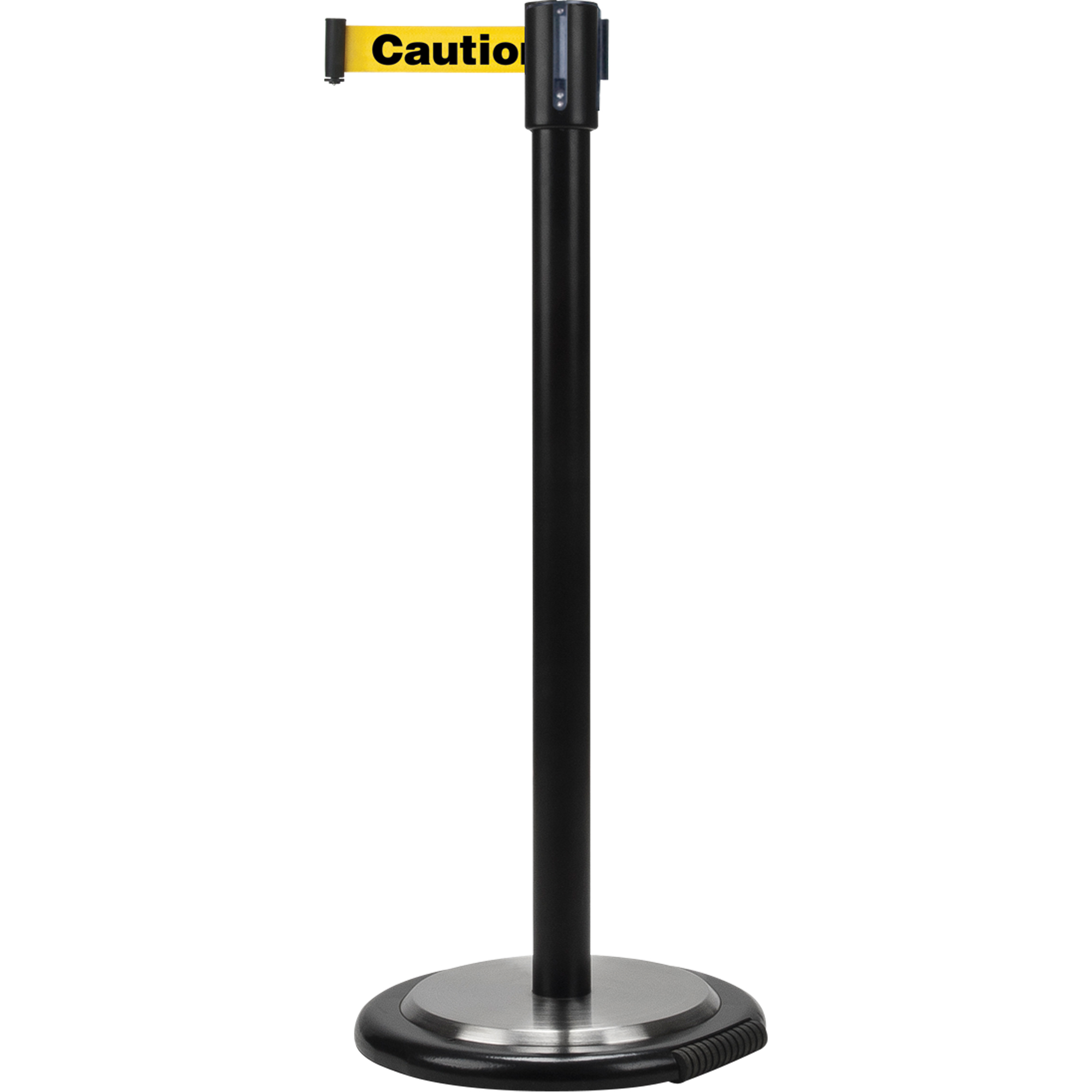 Barrières sur pieds pour le contrôle des foules, Acier, 35" h, Ruban Jaune, Longueur du ruban 7'