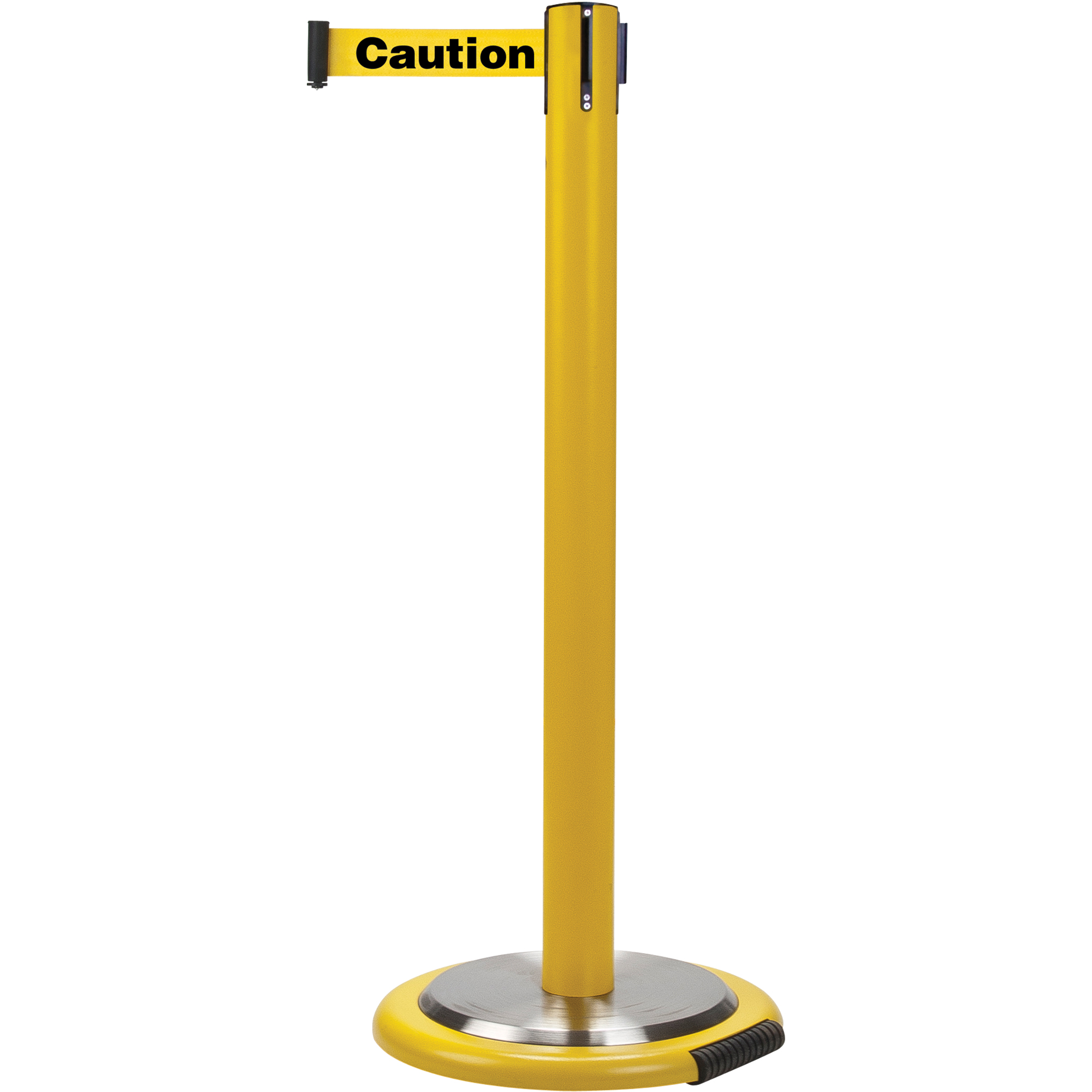 Barrières sur pieds pour le contrôle des foules, Acier, 35" h, Ruban Jaune, Longueur du ruban 7'