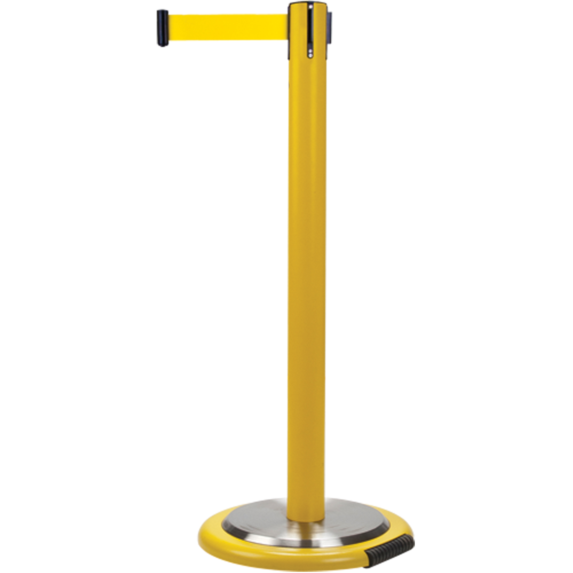 Barrières sur pieds pour le contrôle des foules, Acier, 35" h, Ruban Jaune, Longueur du ruban 7'