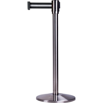 Barrières sur pieds pour le contrôle des foules, Acier, 35" h, Ruban Noir/Blanc, Longueur du ruban 7'