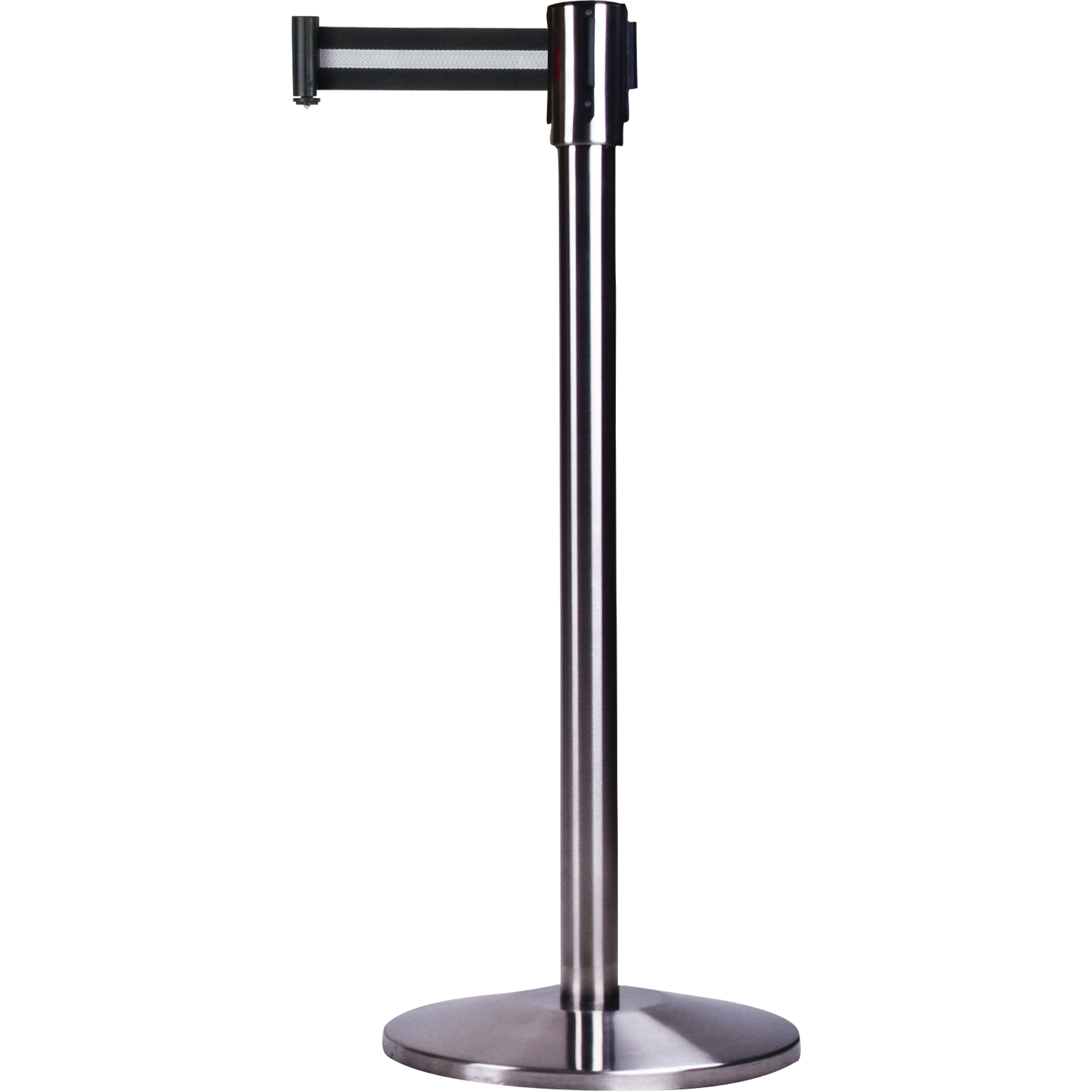 Barrières sur pieds pour le contrôle des foules, Acier, 35" h, Ruban Noir/Blanc, Longueur du ruban 7'