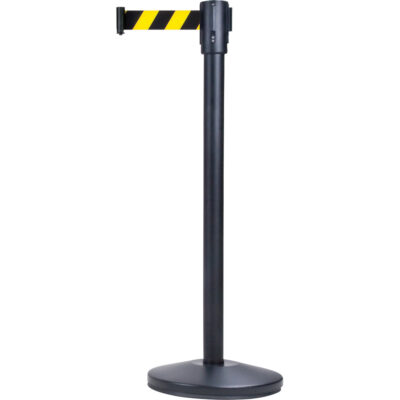 Barrières sur pieds pour le contrôle des foules, Acier, 35" h, Ruban Noir/Jaune, Longueur du ruban 7'
