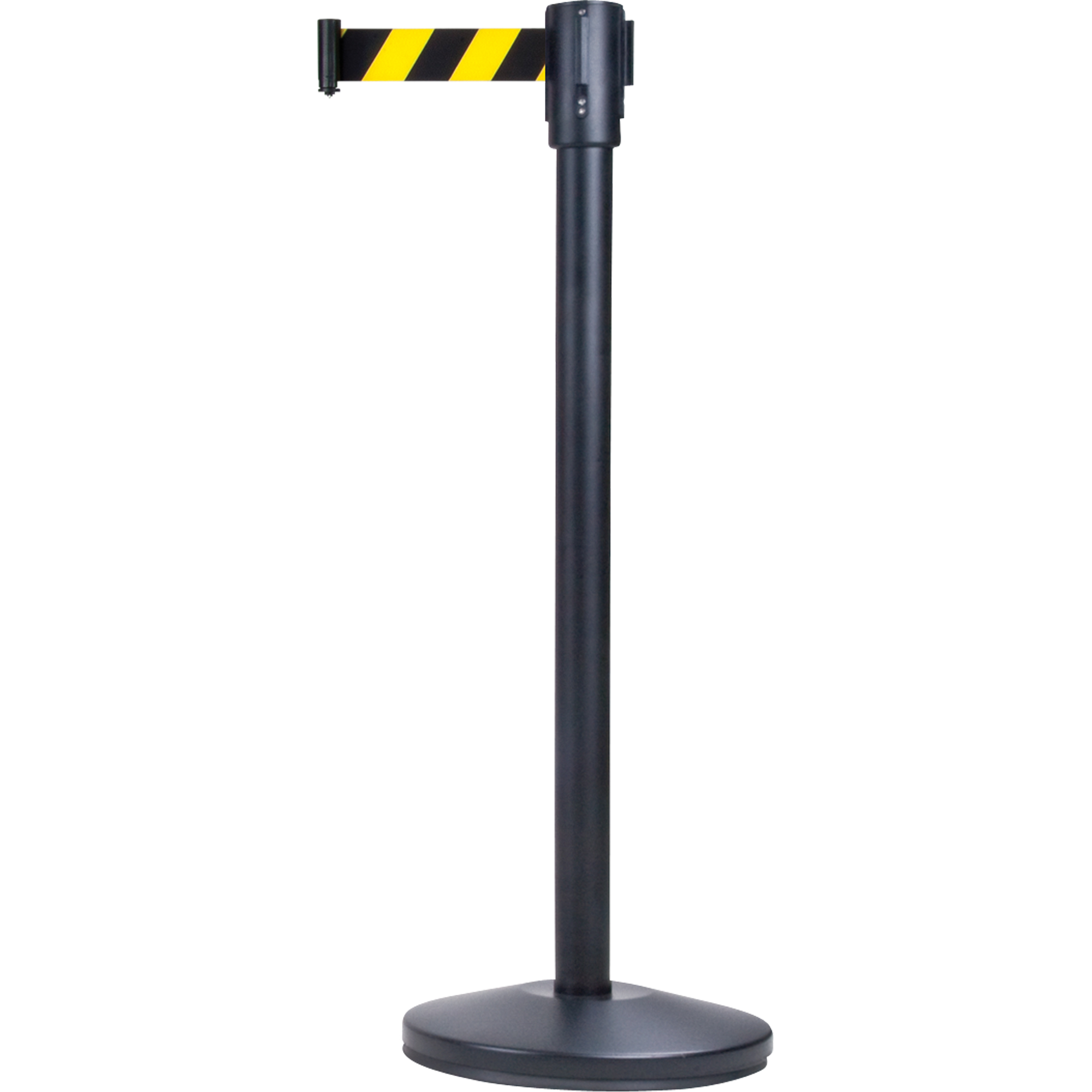 Barrières sur pieds pour le contrôle des foules, Acier, 35" h, Ruban Noir/Jaune, Longueur du ruban 7'