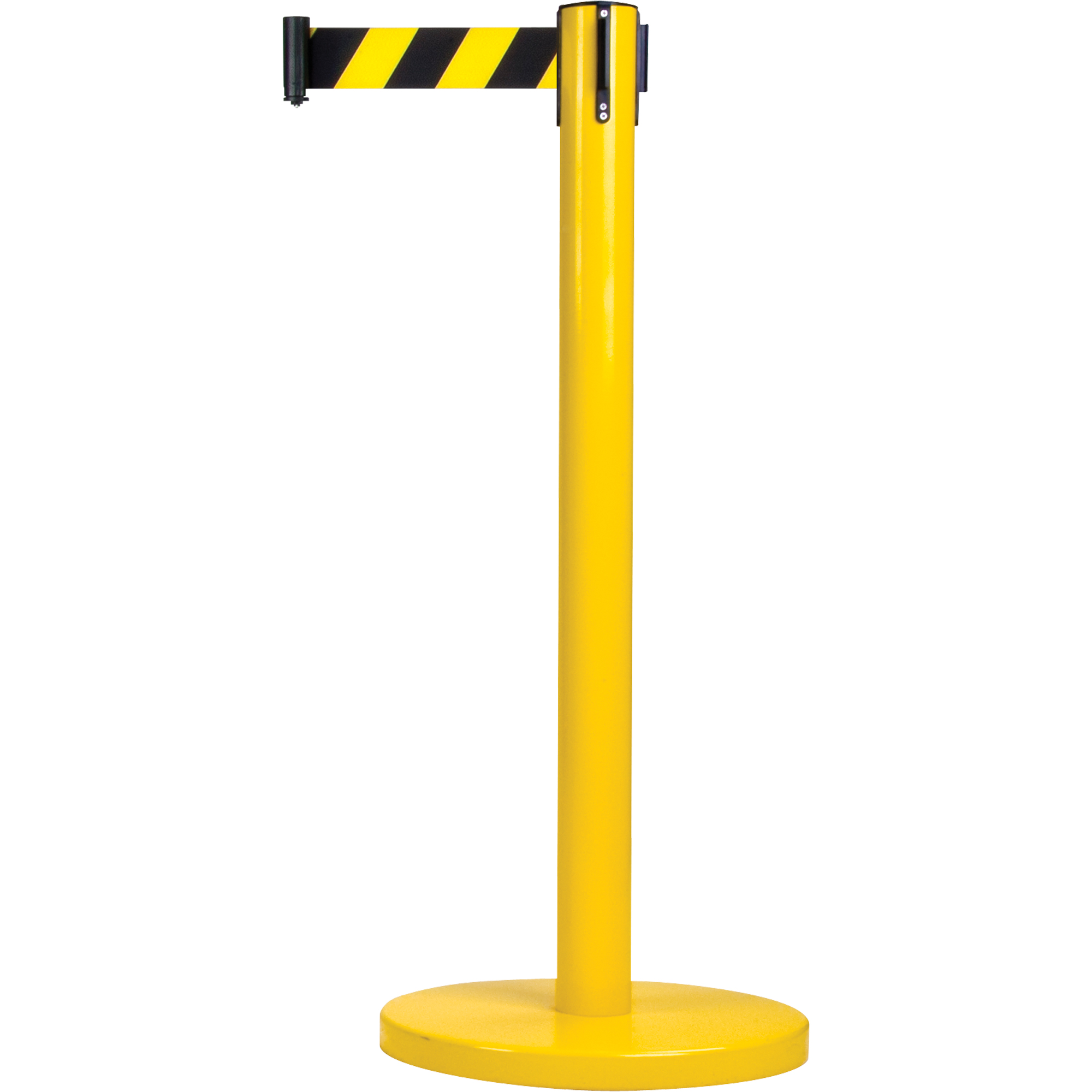 Barrières sur pieds pour le contrôle des foules, Acier, 35" h, Ruban Noir/Jaune, Longueur du ruban 7'