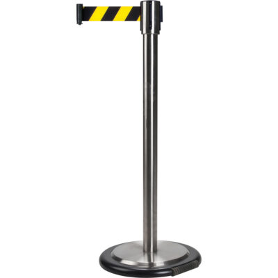 Barrières sur pieds pour le contrôle des foules, Acier, 35" h, Ruban Noir/Jaune, Longueur du ruban 7'