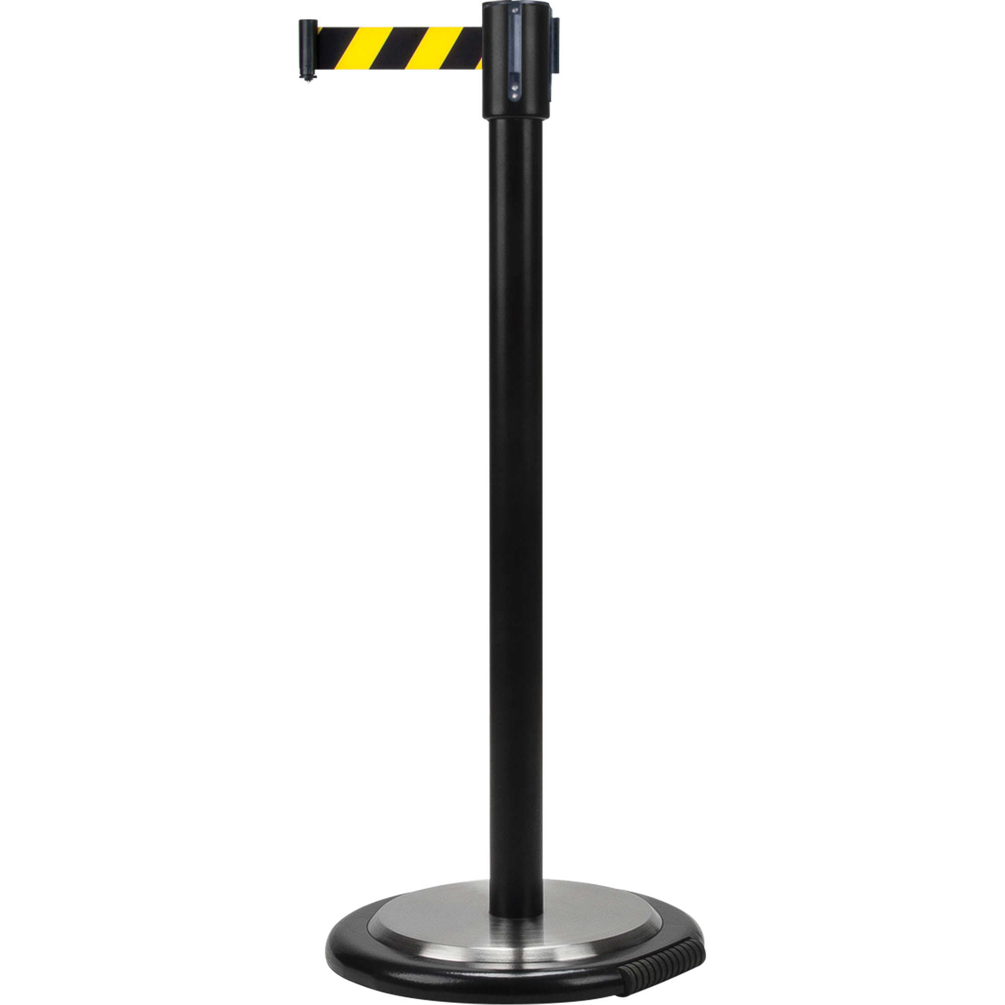 Barrières sur pieds pour le contrôle des foules, Acier, 35" h, Ruban Noir/Jaune, Longueur du ruban 7'