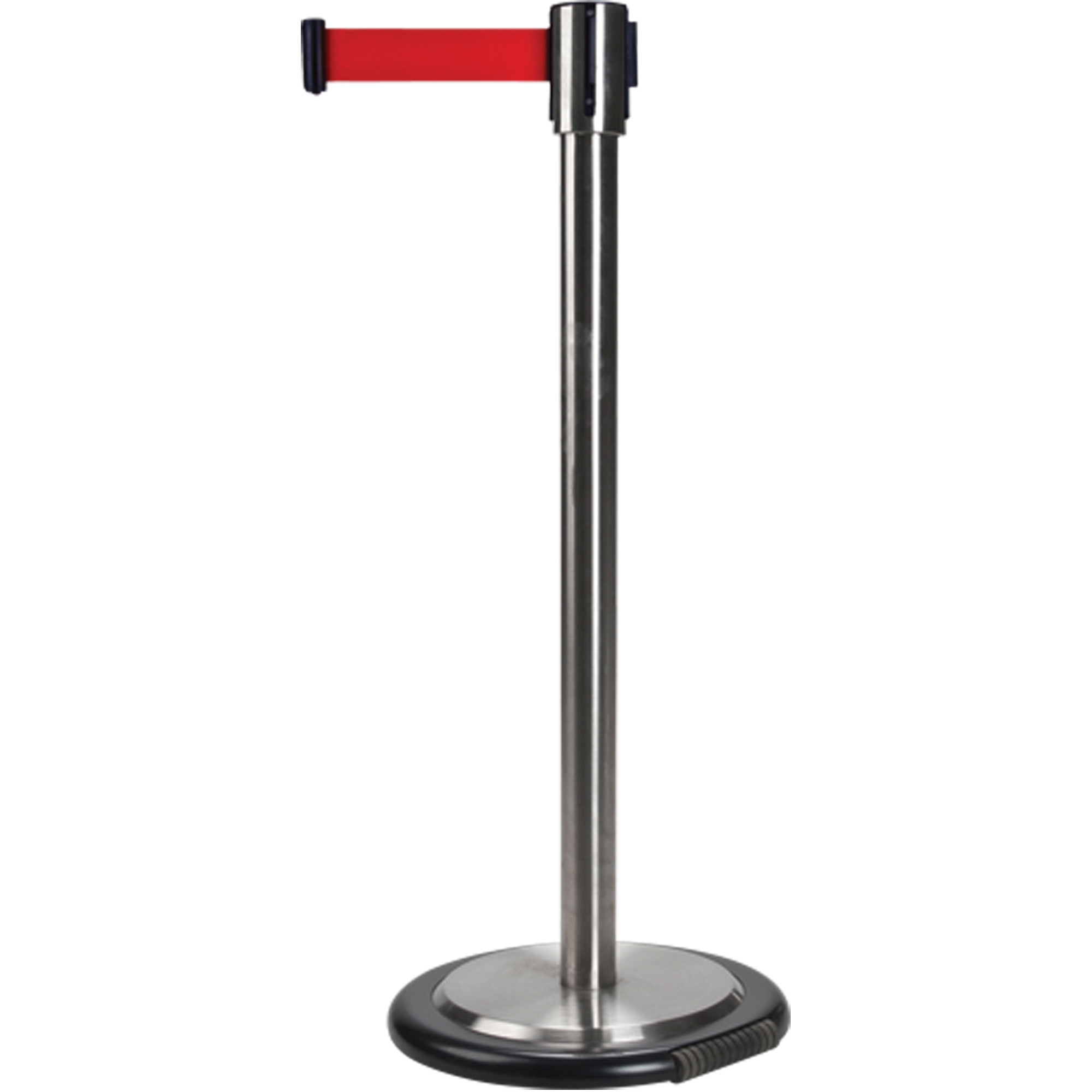 Barrières sur pieds pour le contrôle des foules, Acier, 35" h, Ruban Rouge, Longueur du ruban 12'