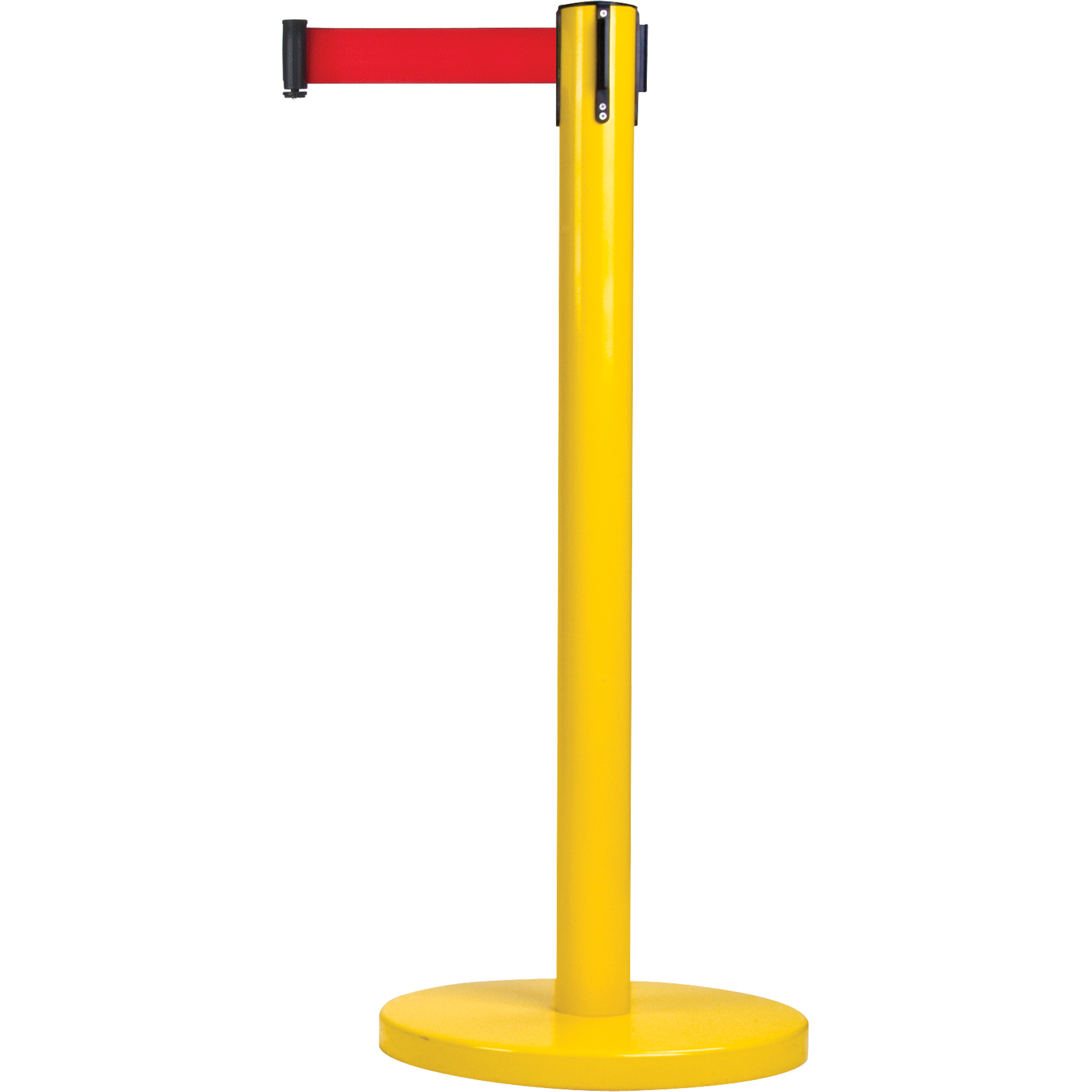 Barrières sur pieds pour le contrôle des foules, Acier, 35" h, Ruban Rouge, Longueur du ruban 12'