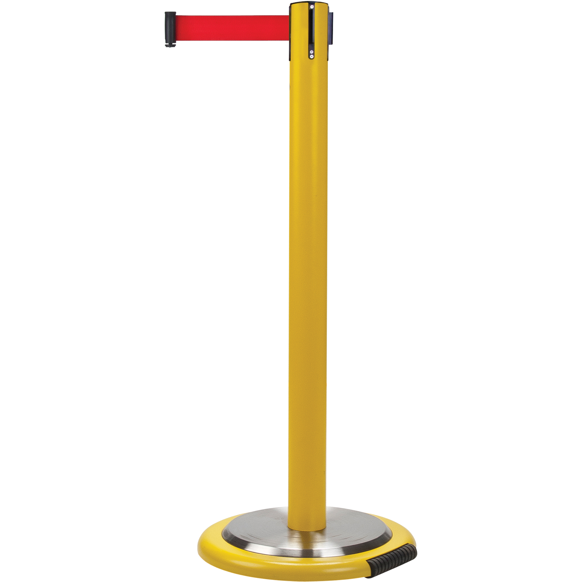 Barrières sur pieds pour le contrôle des foules, Acier, 35" h, Ruban Rouge, Longueur du ruban 12'