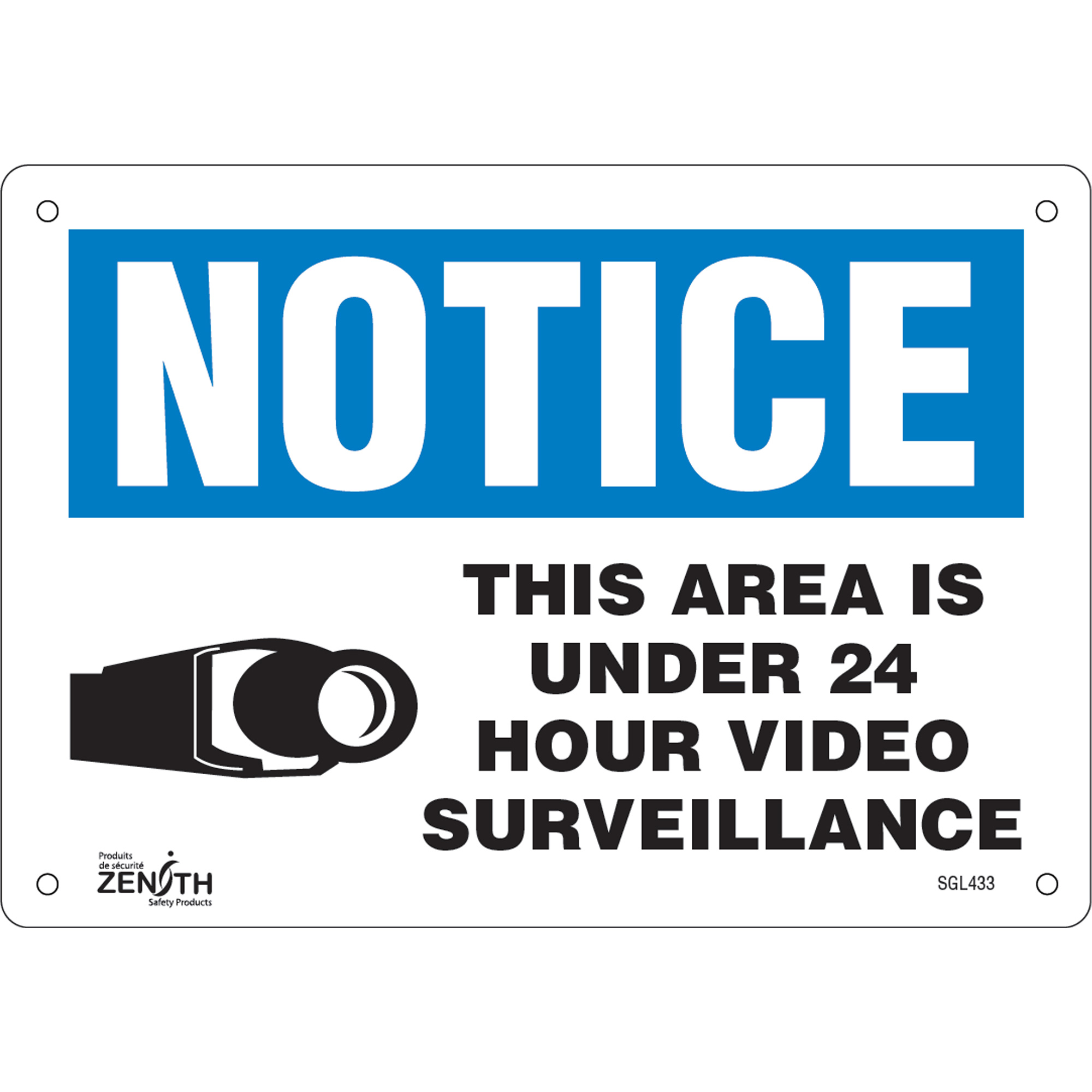 Enseigne «24 Hour Surveillance», 7" x 10", Aluminium, Anglais avec pictogramme