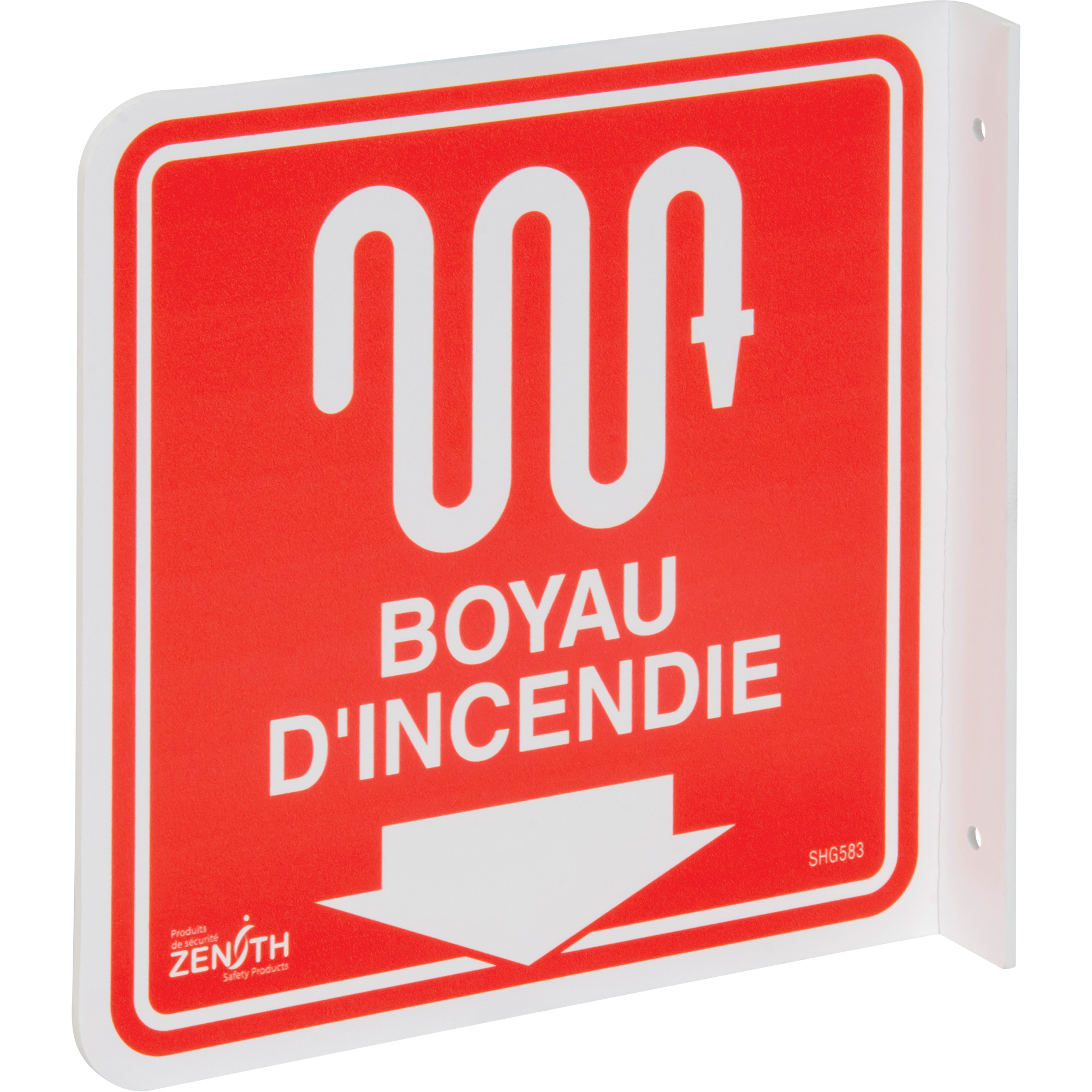 Enseigne à projection sur 90° « Boyau d'Incendie », 8" x 8", Plastique, Français avec pictogramme