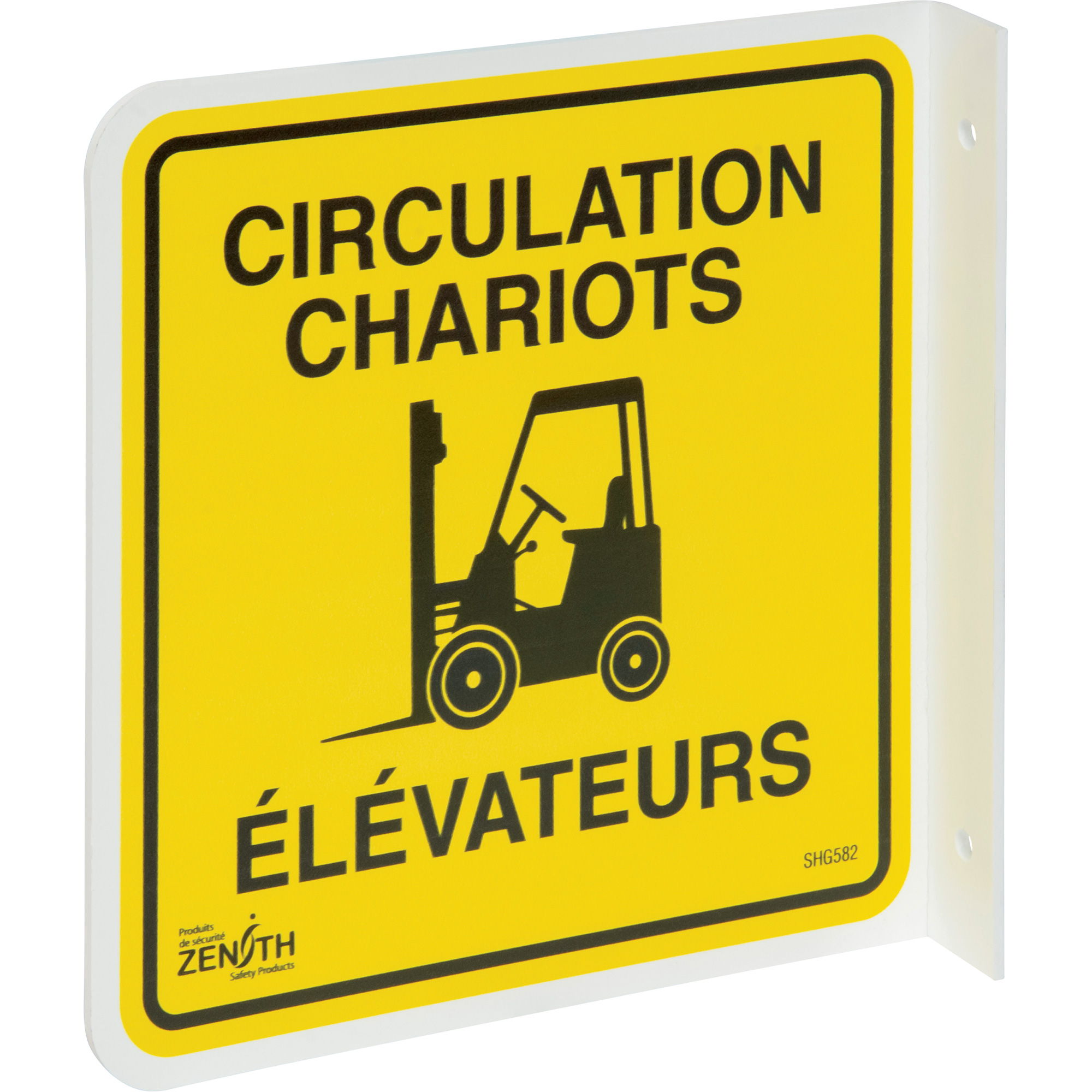 Enseigne à projection sur 90° « Circulation Chariots Élévateurs », 8" x 8", Plastique, Français avec pictogramme