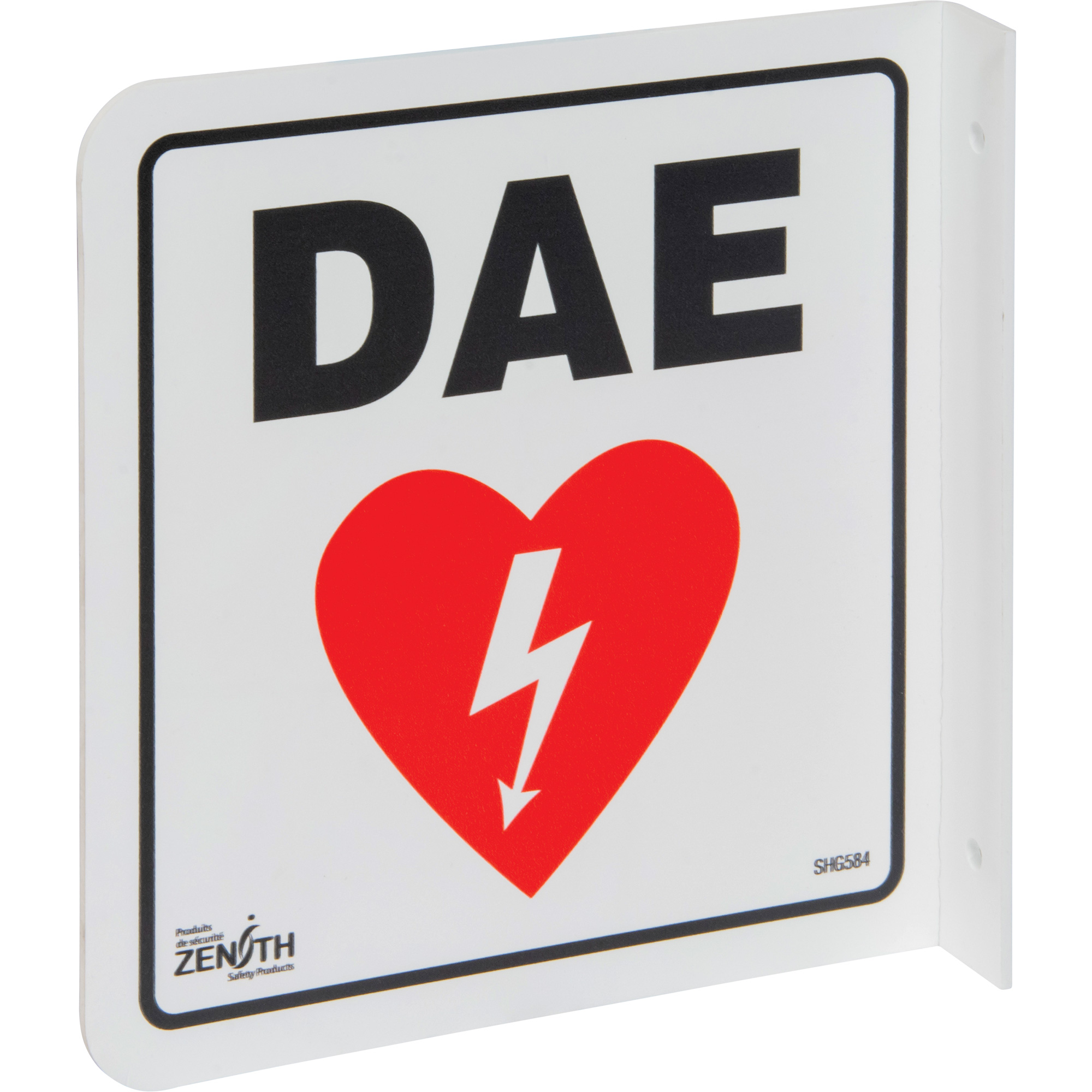 Enseigne à projection sur 90° « DAE », 8" x 8", Plastique, Français avec pictogramme