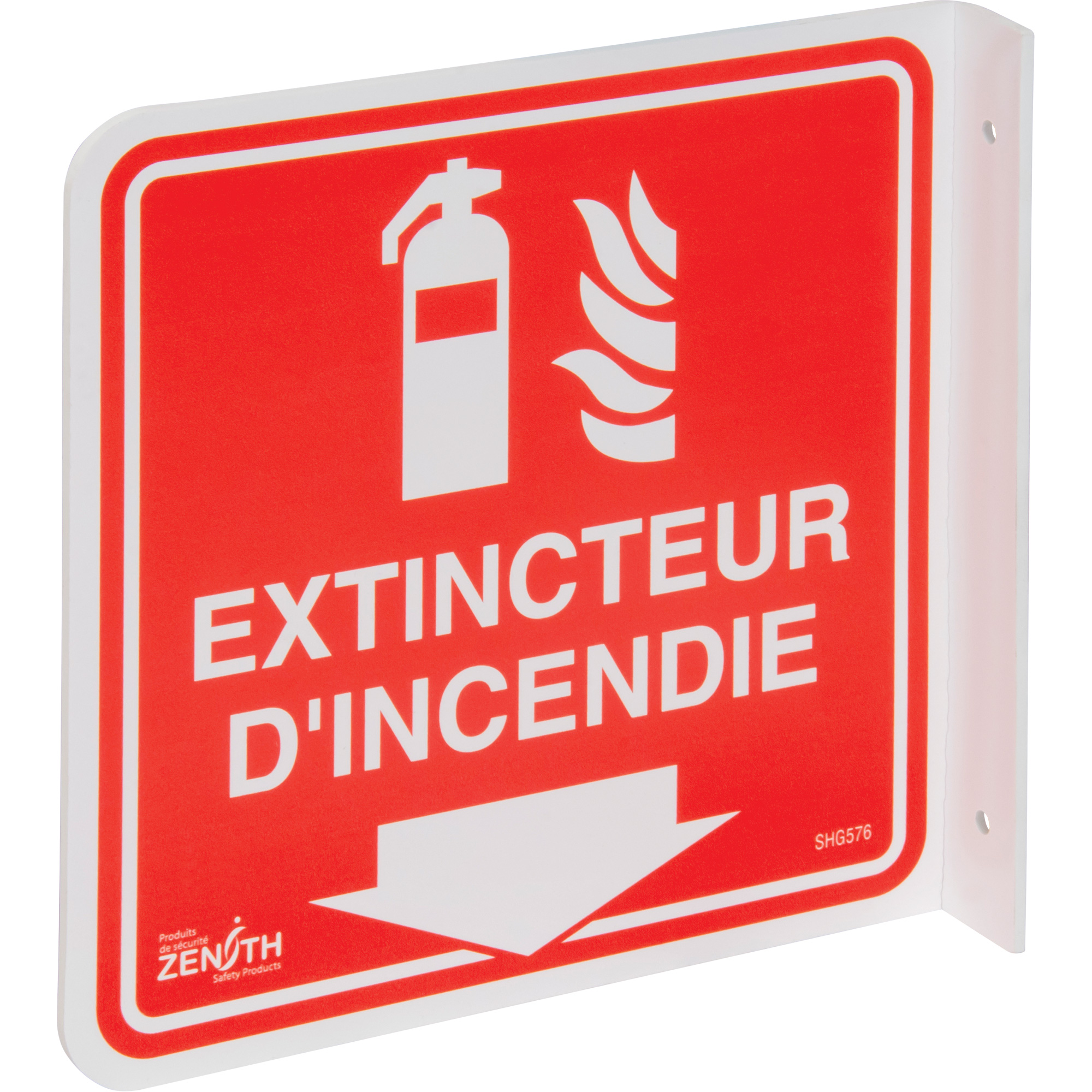 Enseigne à projection sur 90° «Extincteur d'incendie», 8" x 8", Plastique, Français avec pictogramme