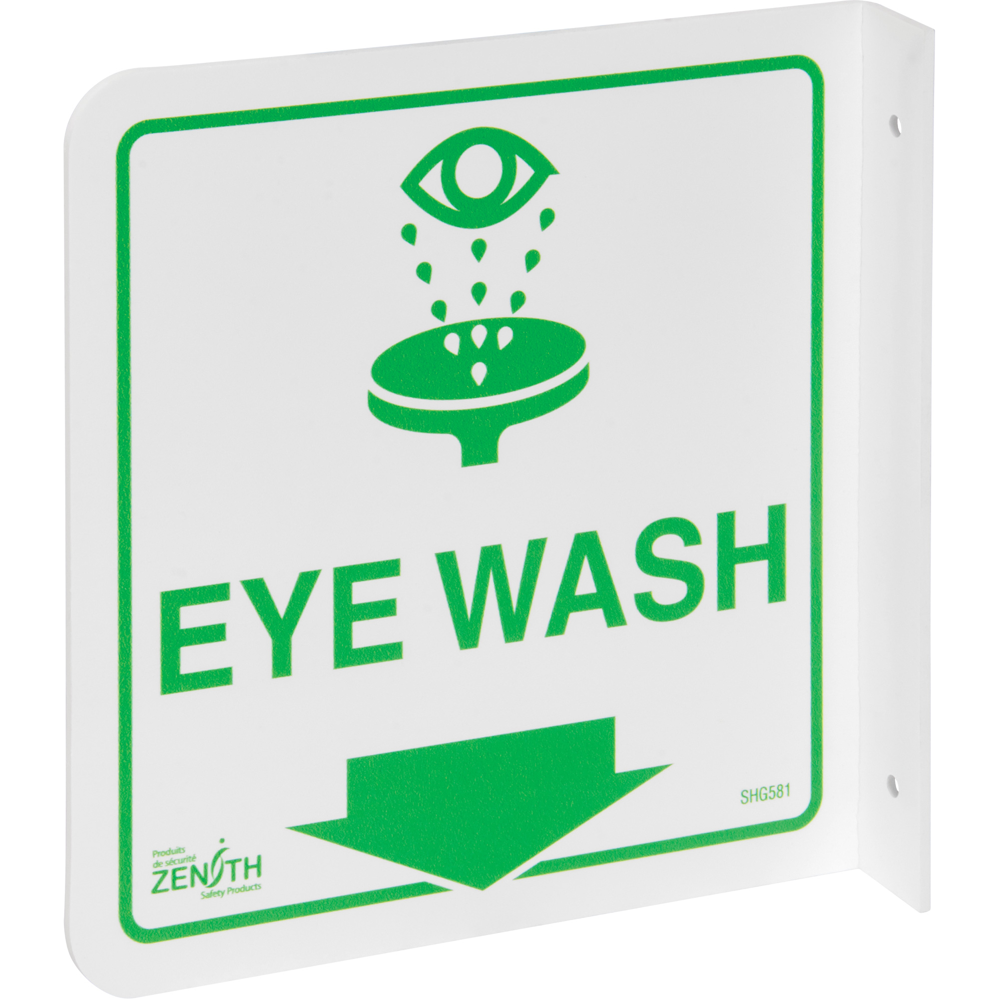 Enseigne à projection sur 90° « Eye Wash », 8" x 8", Plastique, Anglais avec pictogramme