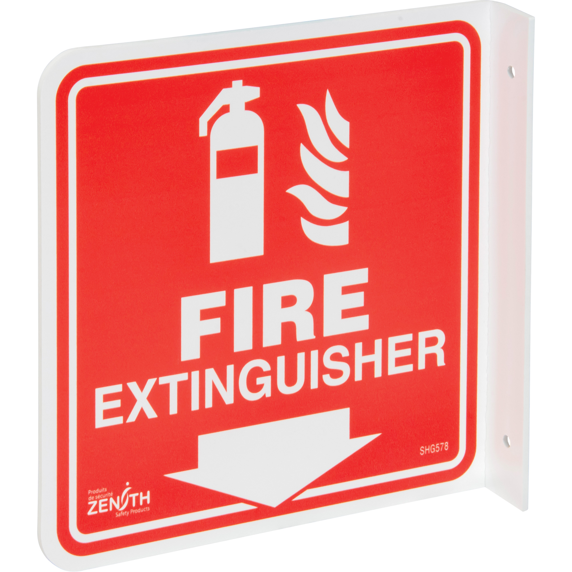 Enseigne à projection sur 90° « Fire Extinguisher », 8" x 8", Plastique, Anglais avec pictogramme
