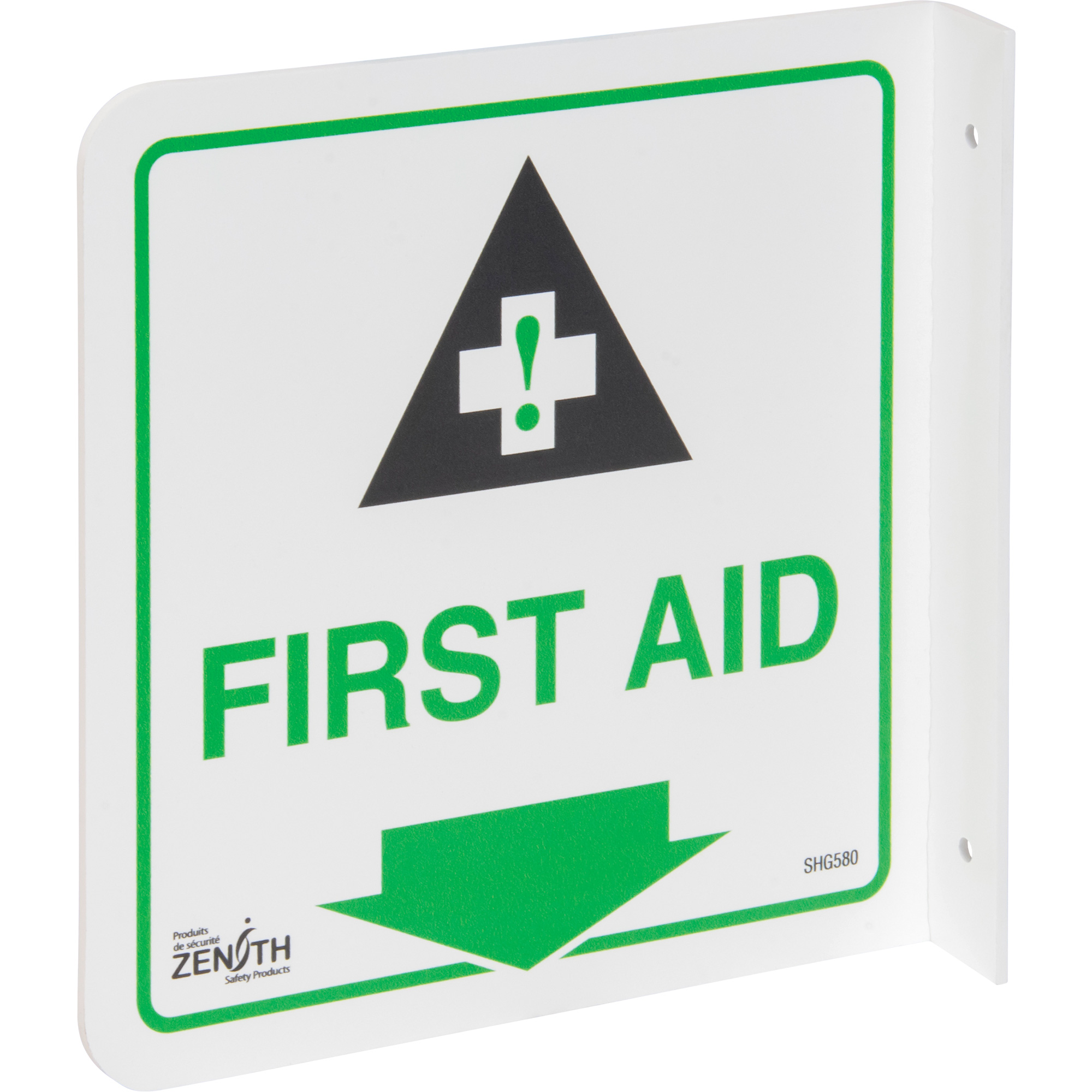 Enseigne à projection sur 90° « First Aid », 8" x 8", Plastique, Anglais avec pictogramme