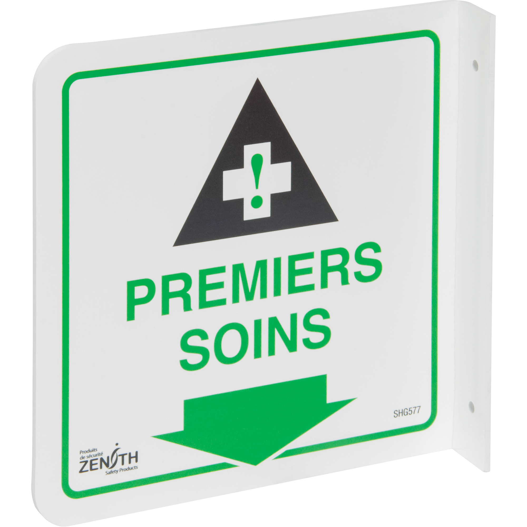 Enseigne à projection sur 90° « Premiers Soins », 8" x 8", Plastique, Français avec pictogramme