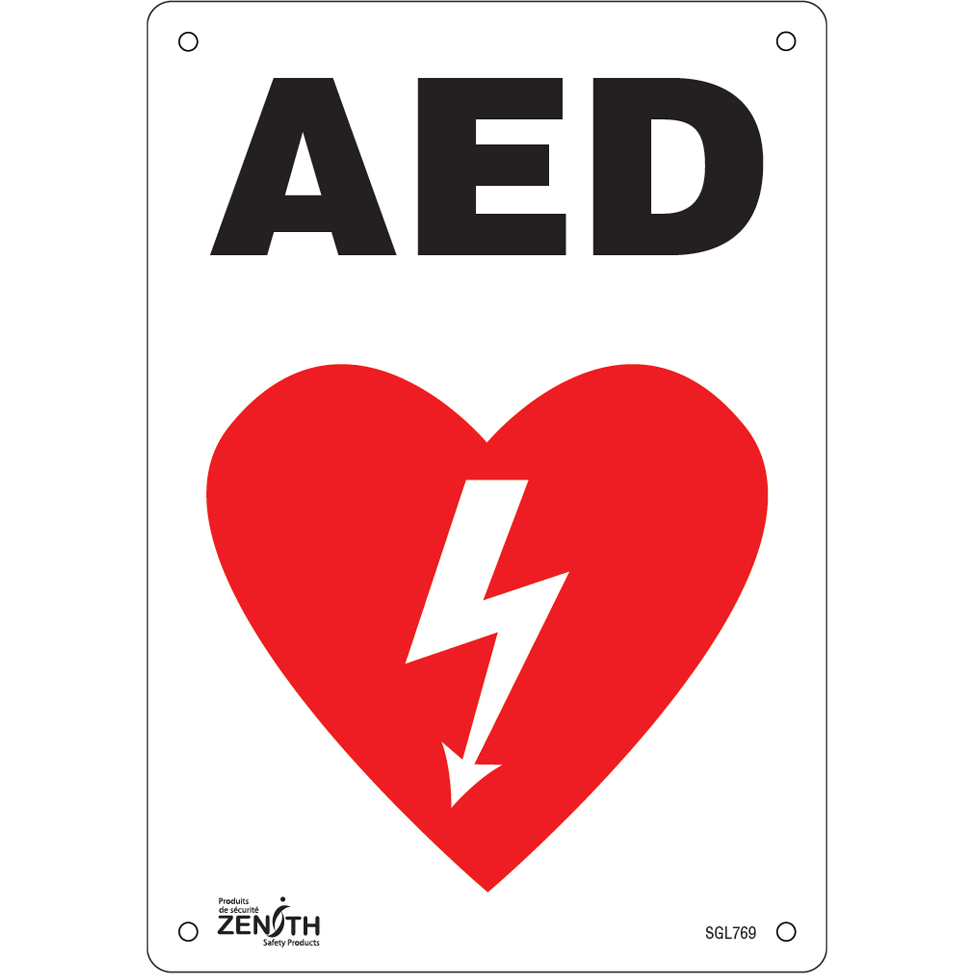 Enseigne «AED», 10" x 7", Aluminium, Anglais avec pictogramme