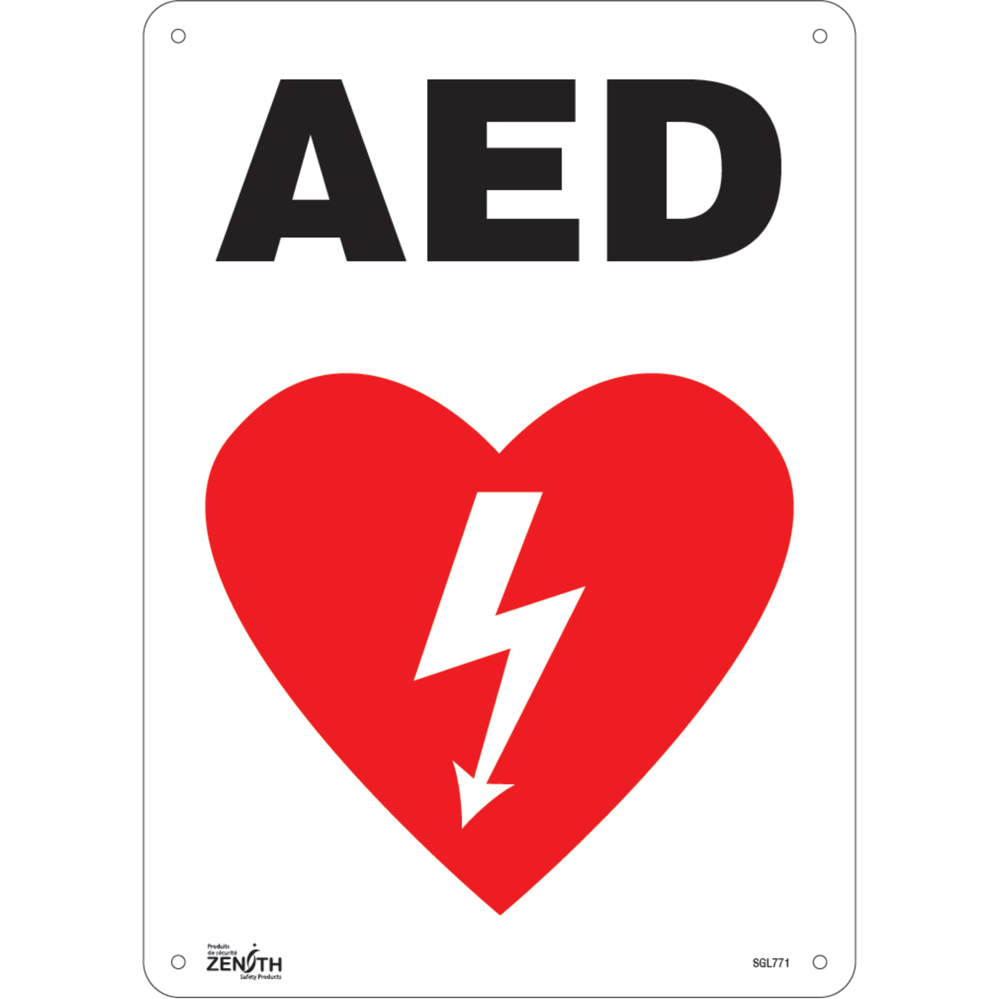 Enseigne «AED», 14" x 10", Plastique, Anglais avec pictogramme