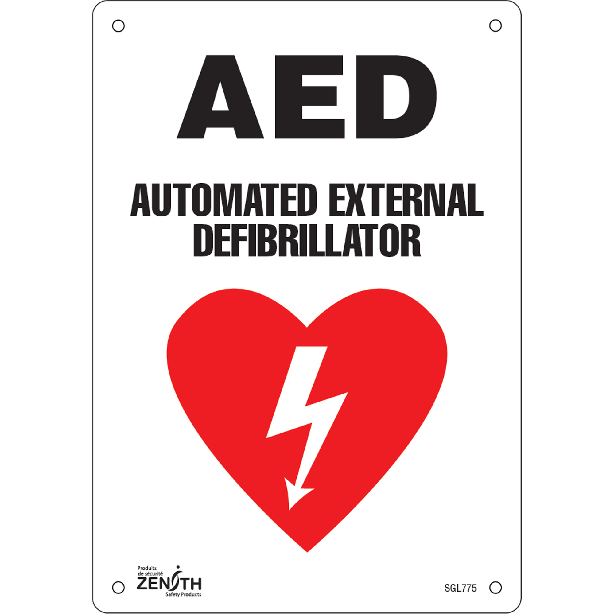 Enseigne «AED Automated External Defibrillator», 10" x 7", Aluminium, Anglais avec pictogramme