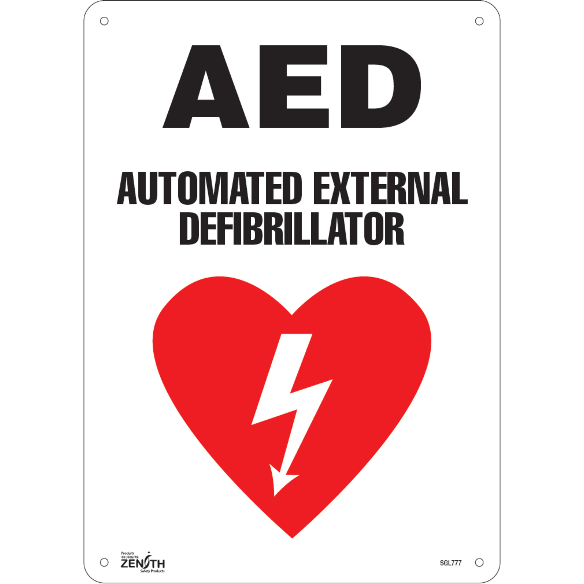 Enseigne «AED Automated External Defibrillator», 14" x 10", Plastique, Anglais avec pictogramme