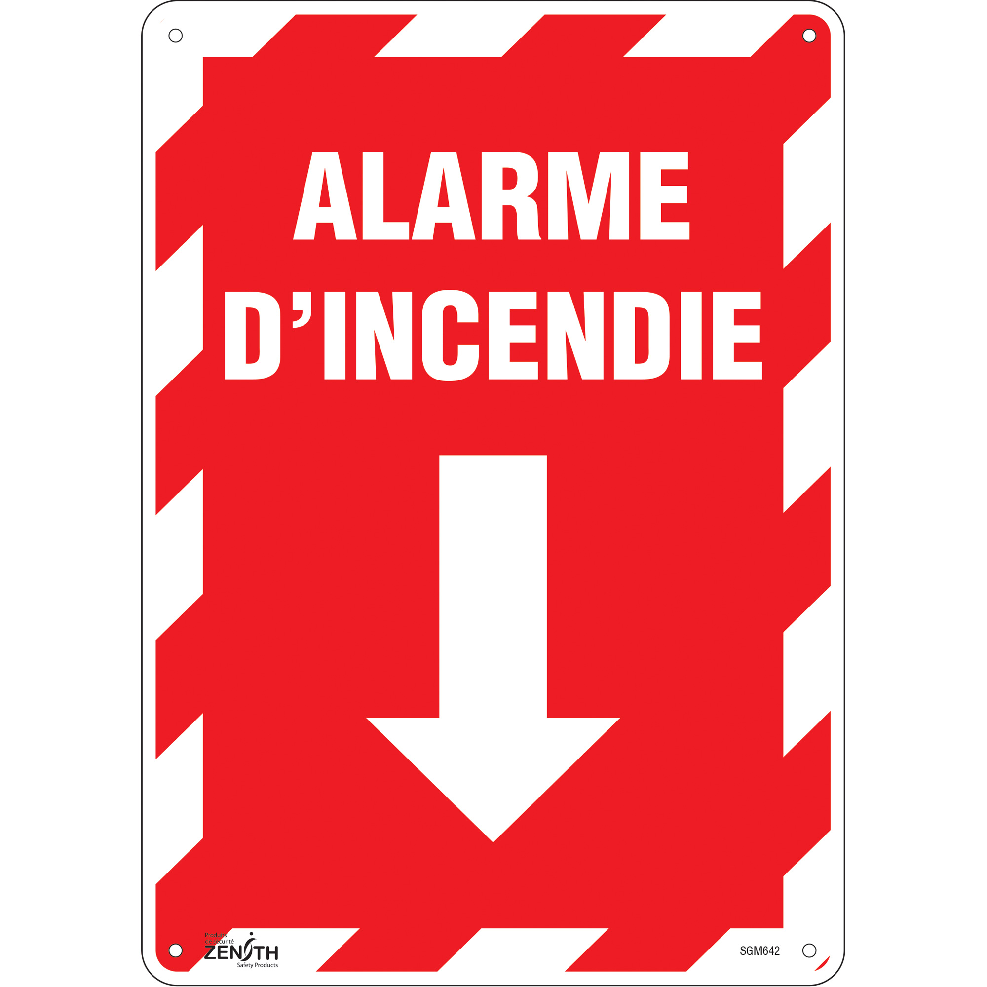 Enseigne avec flèche «Alarme D'Incendie», 14" x 10", Aluminium, Français avec pictogramme