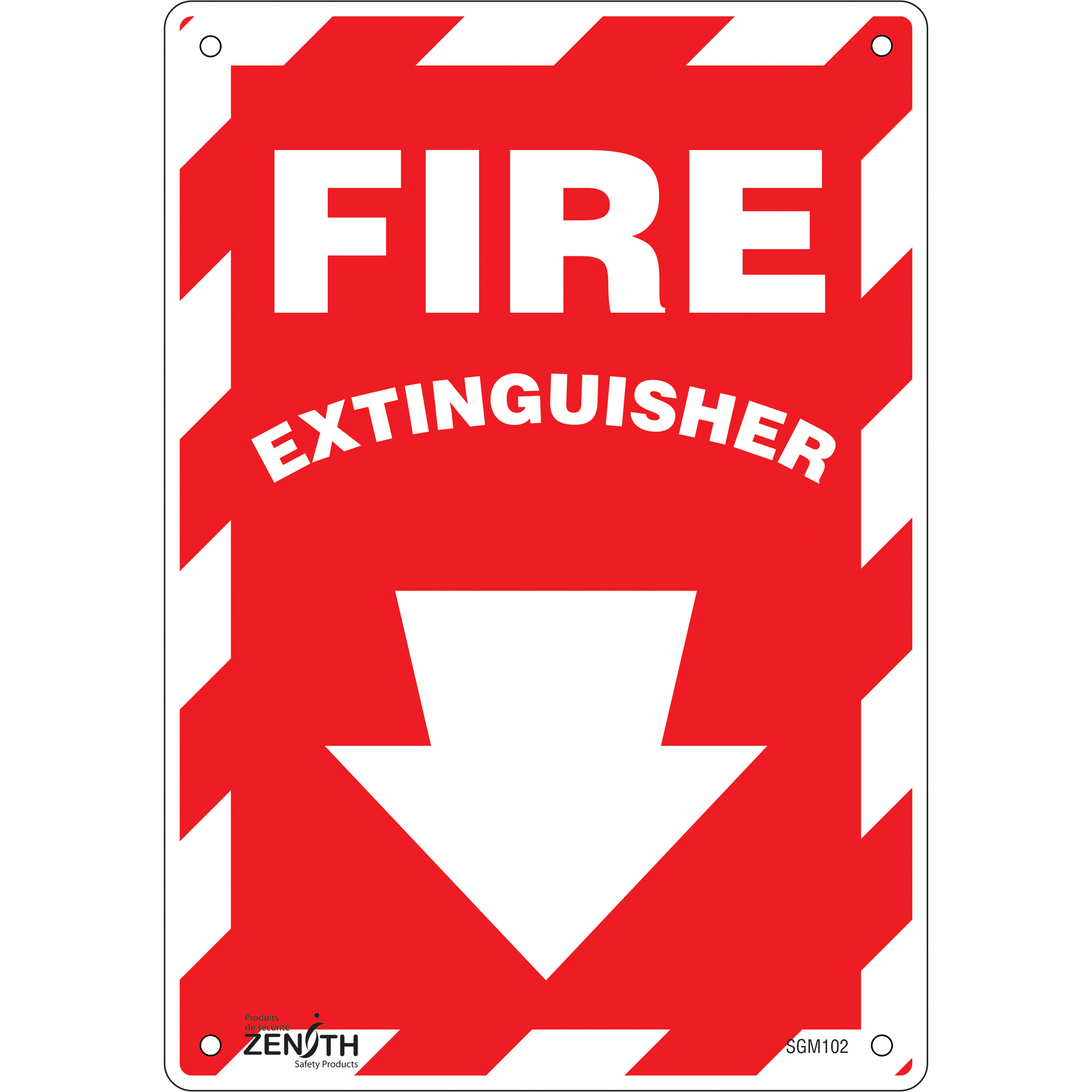 Enseigne avec flèche vers le bas «Fire Extinguisher», 10" x 7", Aluminium, Anglais avec pictogramme