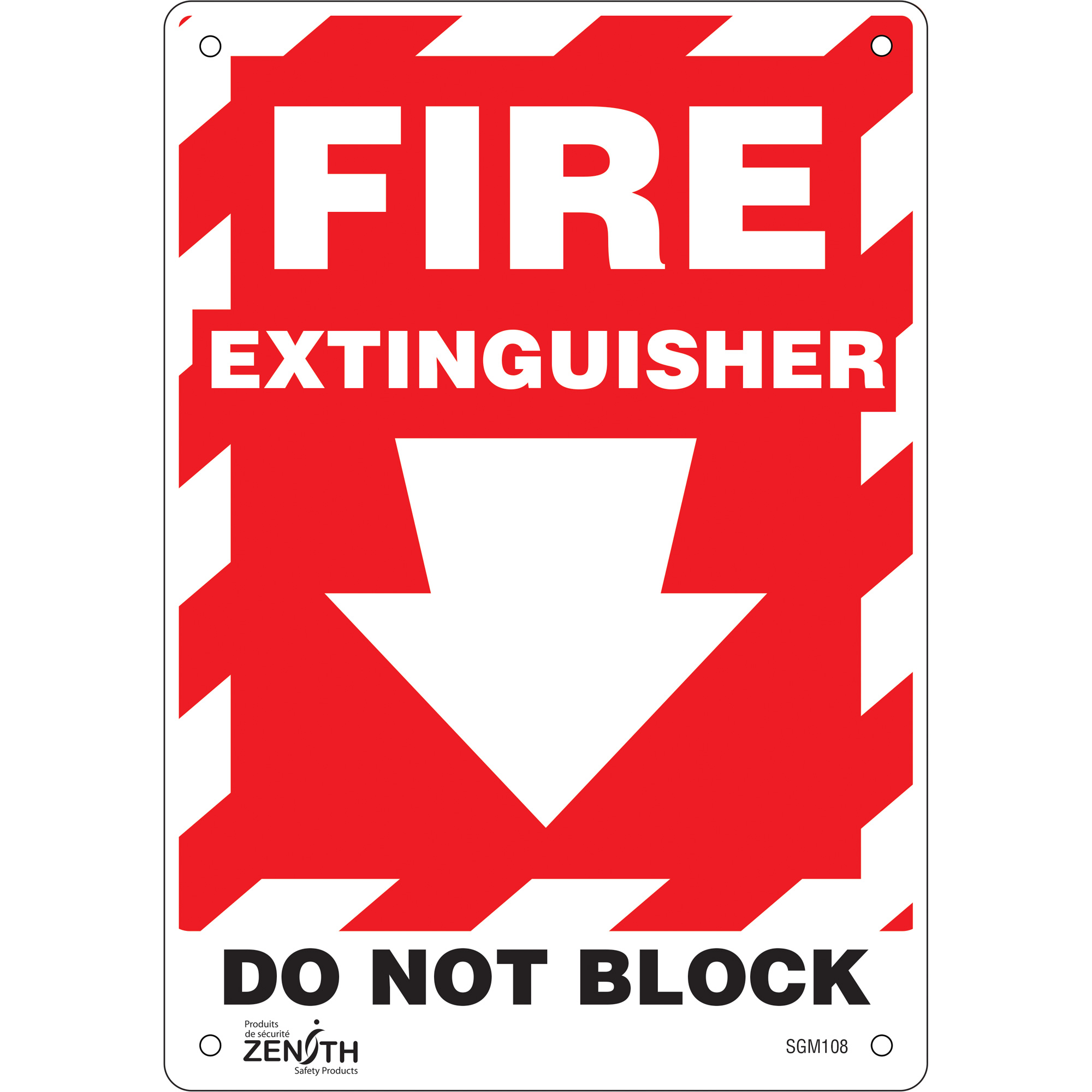Enseigne avec flèche vers le bas «Fire Extinguisher Do Not Block», 10" x 7", Aluminium, Anglais avec pictogramme