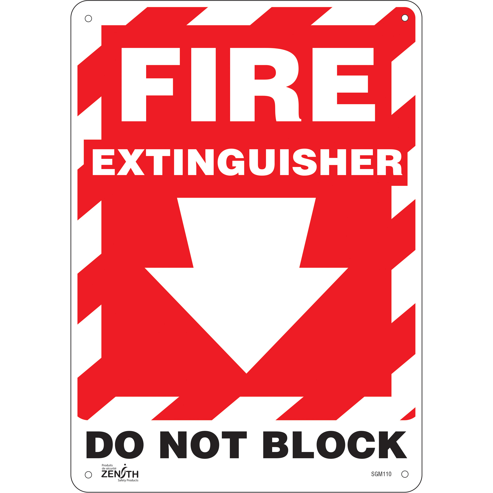 Enseigne avec flèche vers le bas «Fire Extinguisher Do Not Block», 14" x 10", Plastique, Anglais avec pictogramme