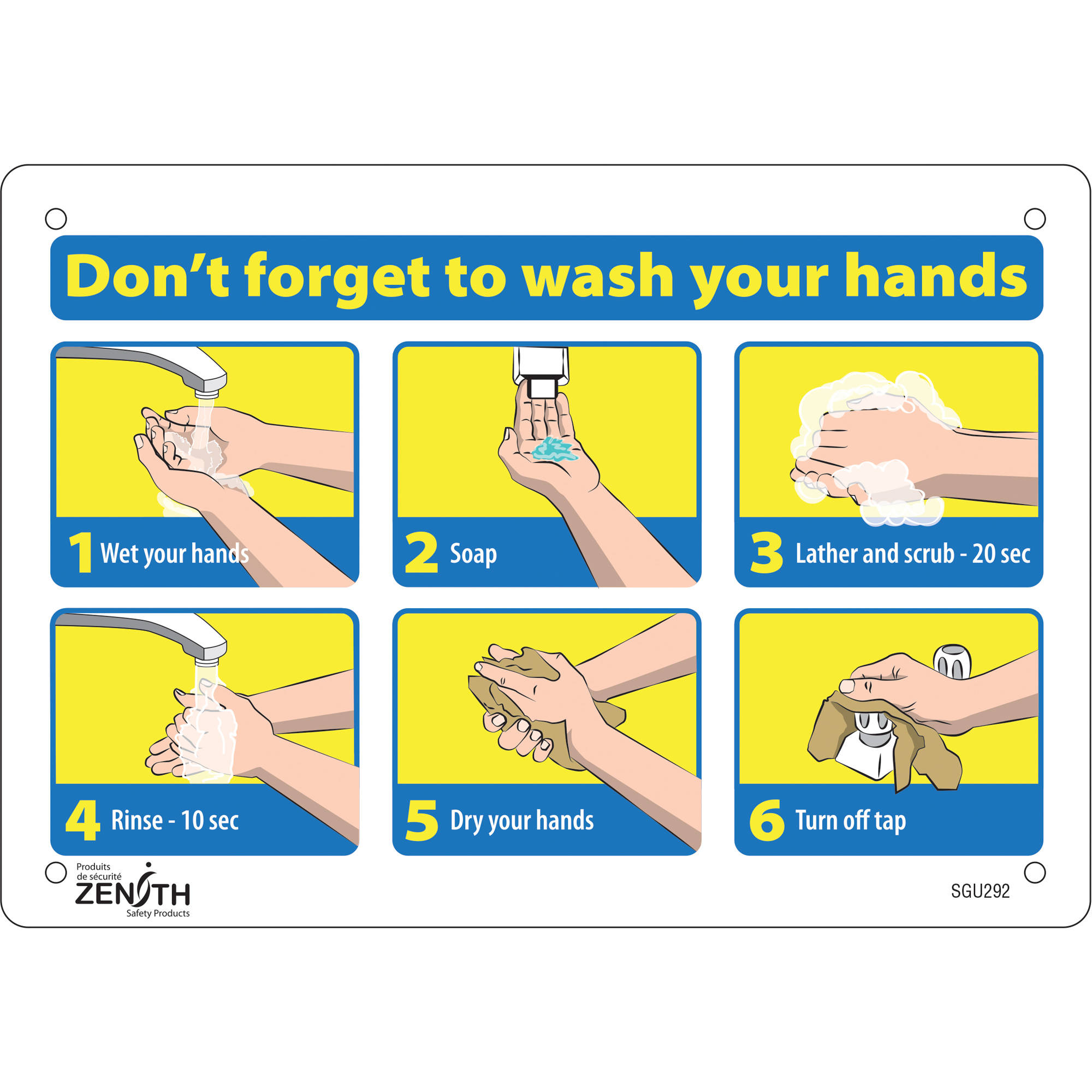 Enseigne avec pictogramme "Don't Forget to Wash Your Hands", 7" x 10", Aluminium, Anglais avec pictogramme