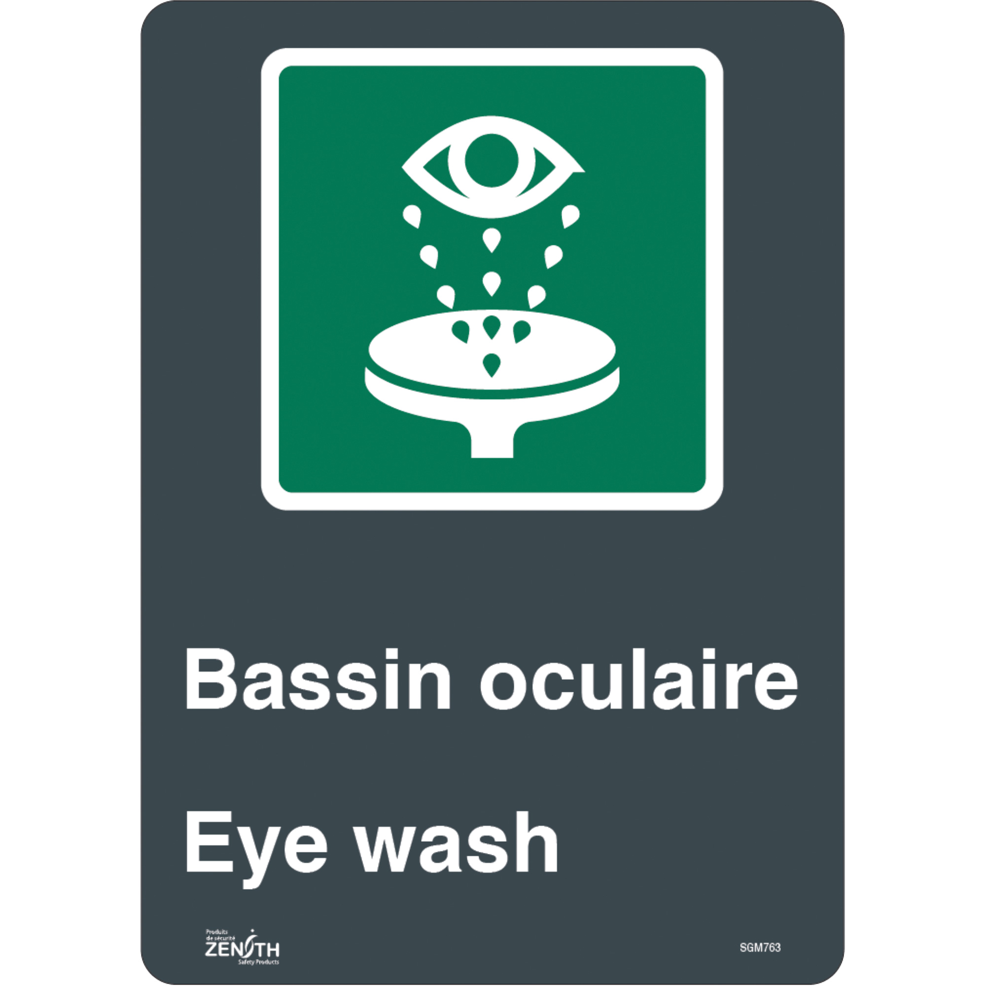 Enseigne «Bassin Oculaire/Eye Wash», 14" x 10", Vinyle, Bilingue avec pictogramme
