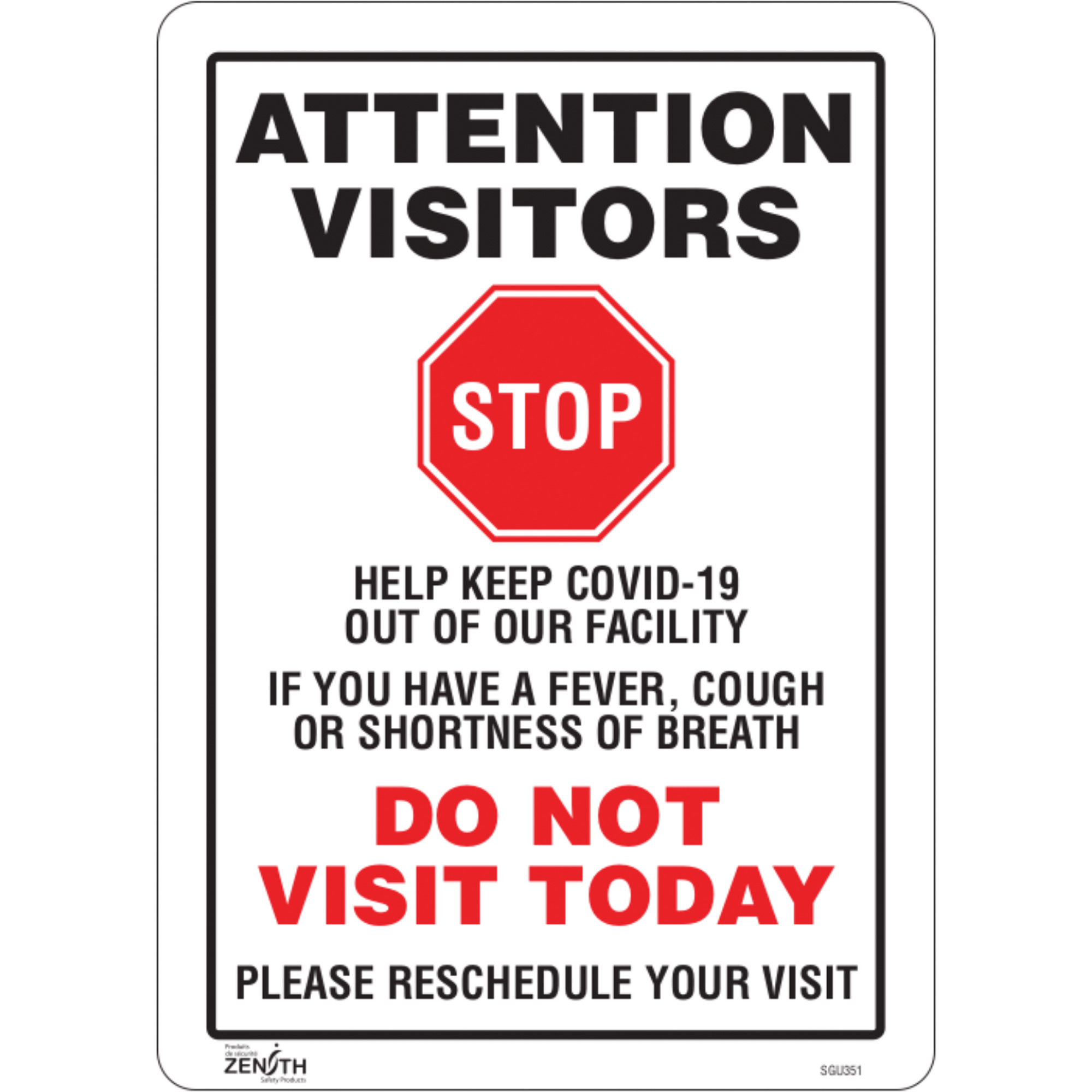 Enseigne « COVID-19 Do Not Visit Today », 14" x 10", Vinyle, Anglais avec pictogramme