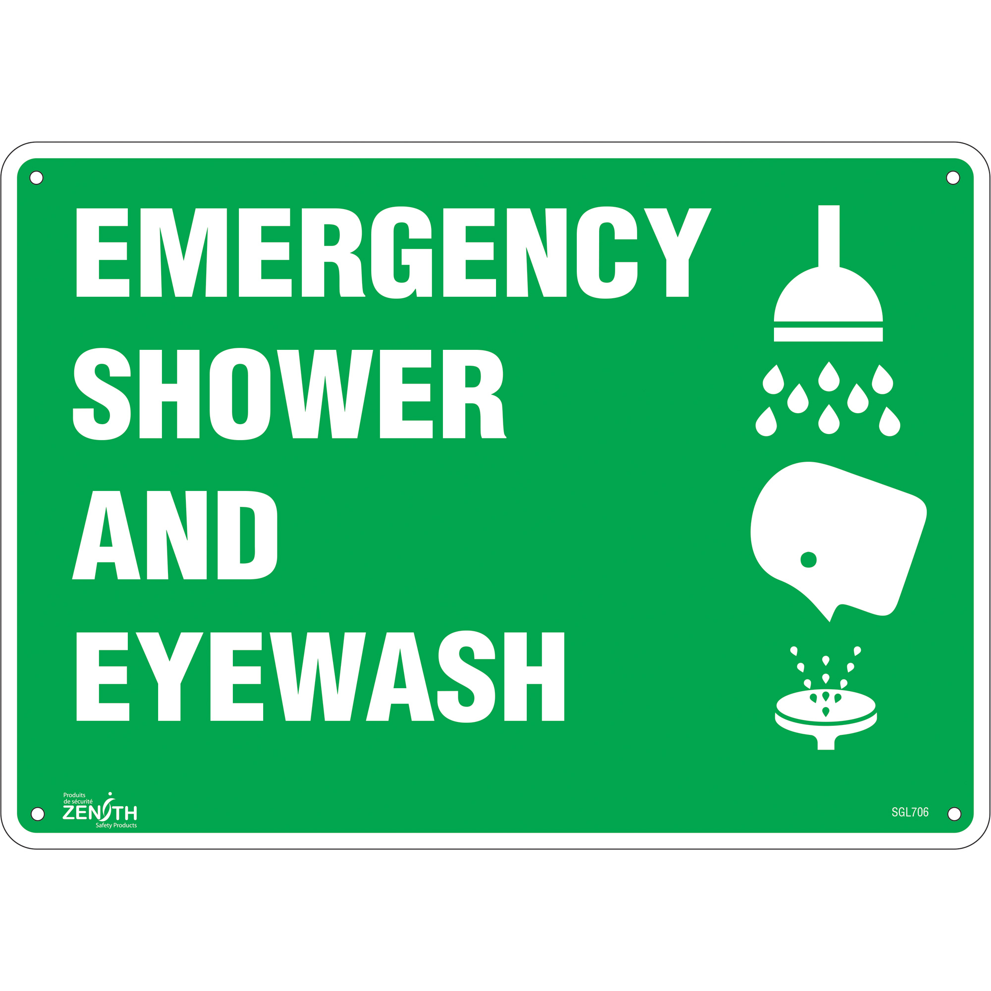 Enseigne «Emergency Shower And Eyewash», 10" x 14", Aluminium, Anglais avec pictogramme