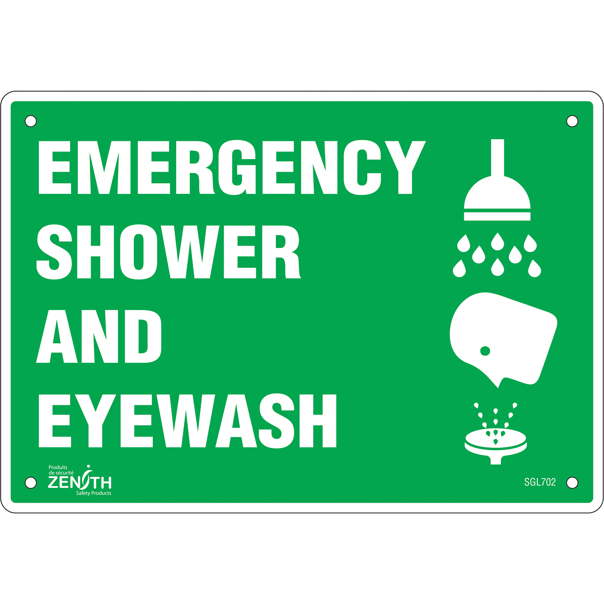 Enseigne «Emergency Shower And Eyewash», 7" x 10", Plastique, Anglais avec pictogramme