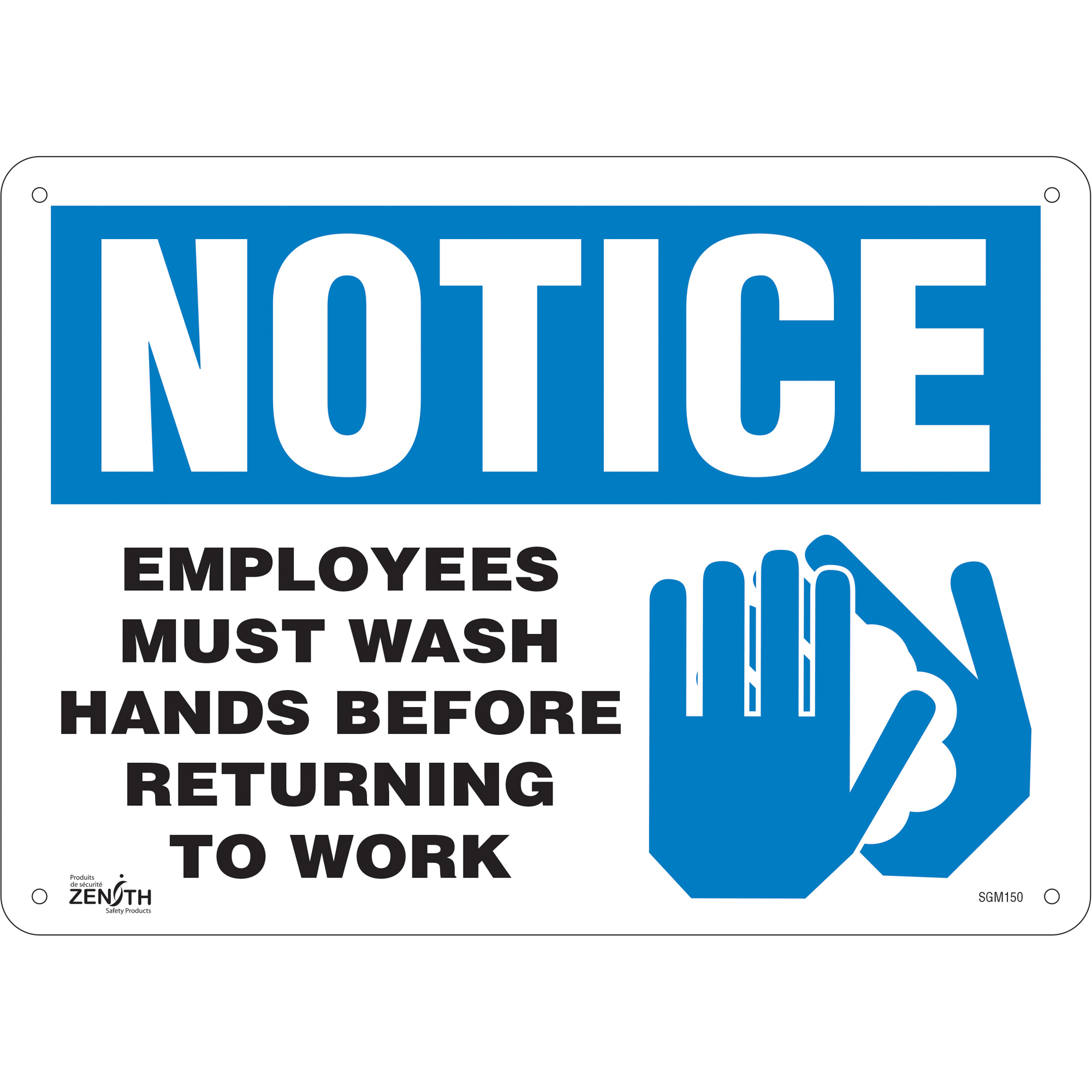 Enseigne «Employees Must Wash Hands», 10" x 14", Aluminium, Anglais avec pictogramme