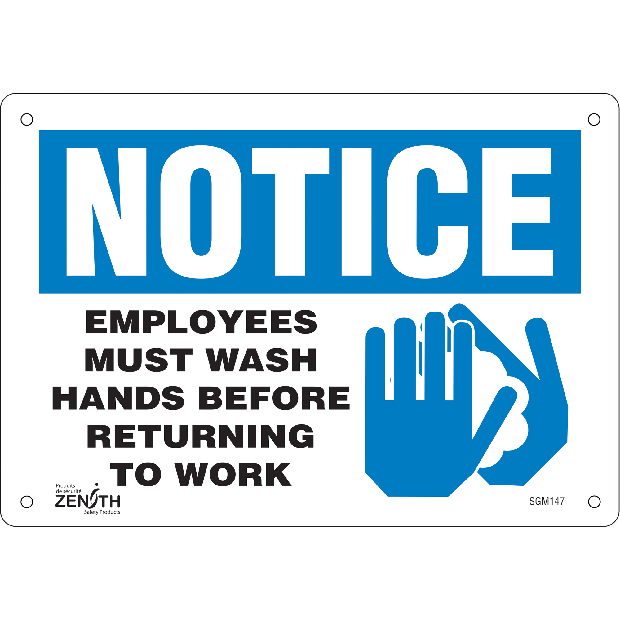 Enseigne «Employees Must Wash Hands», 7" x 10", Aluminium, Anglais avec pictogramme