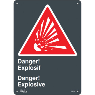 Enseigne «Explosif/Explosive», 14" x 10", Aluminium, Bilingue avec pictogramme
