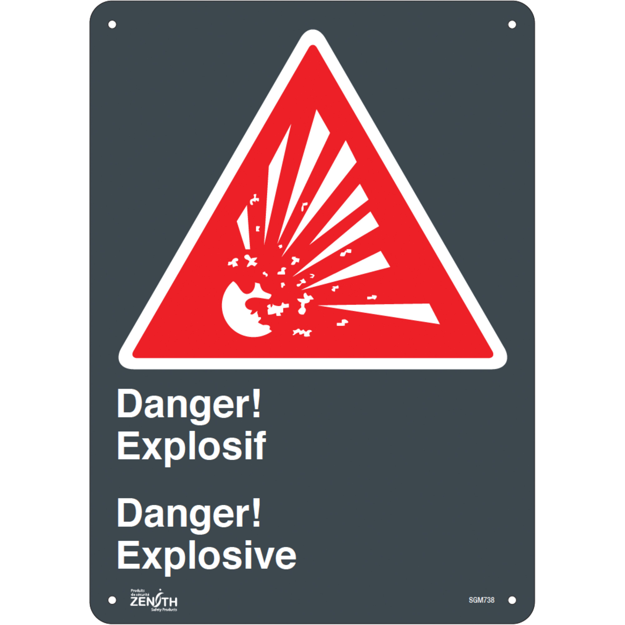 Enseigne «Explosif/Explosive», 14" x 10", Aluminium, Bilingue avec pictogramme