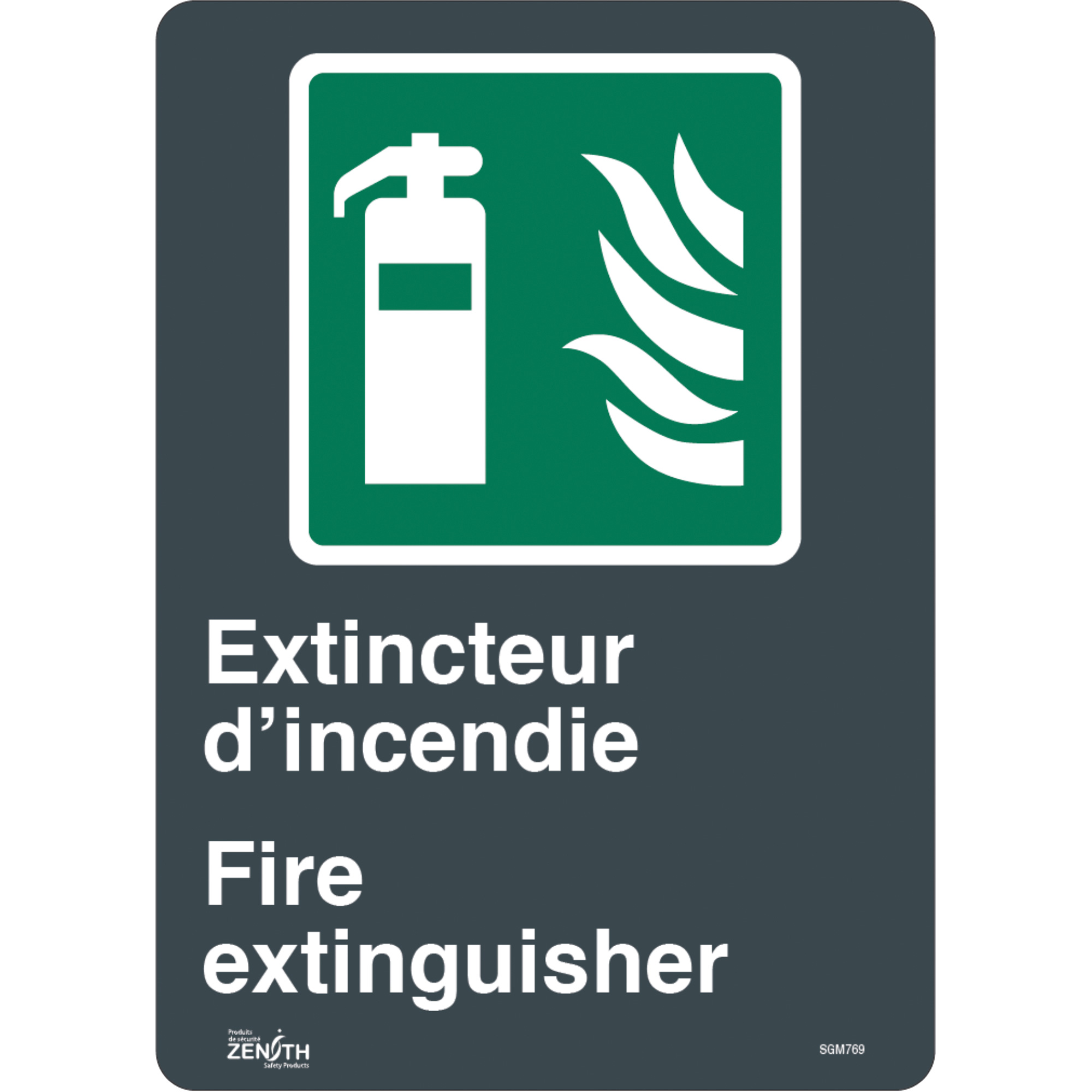Enseigne «Extincteur D'Incendie/Fire Extinguisher», 14" x 10", Vinyle, Bilingue avec pictogramme