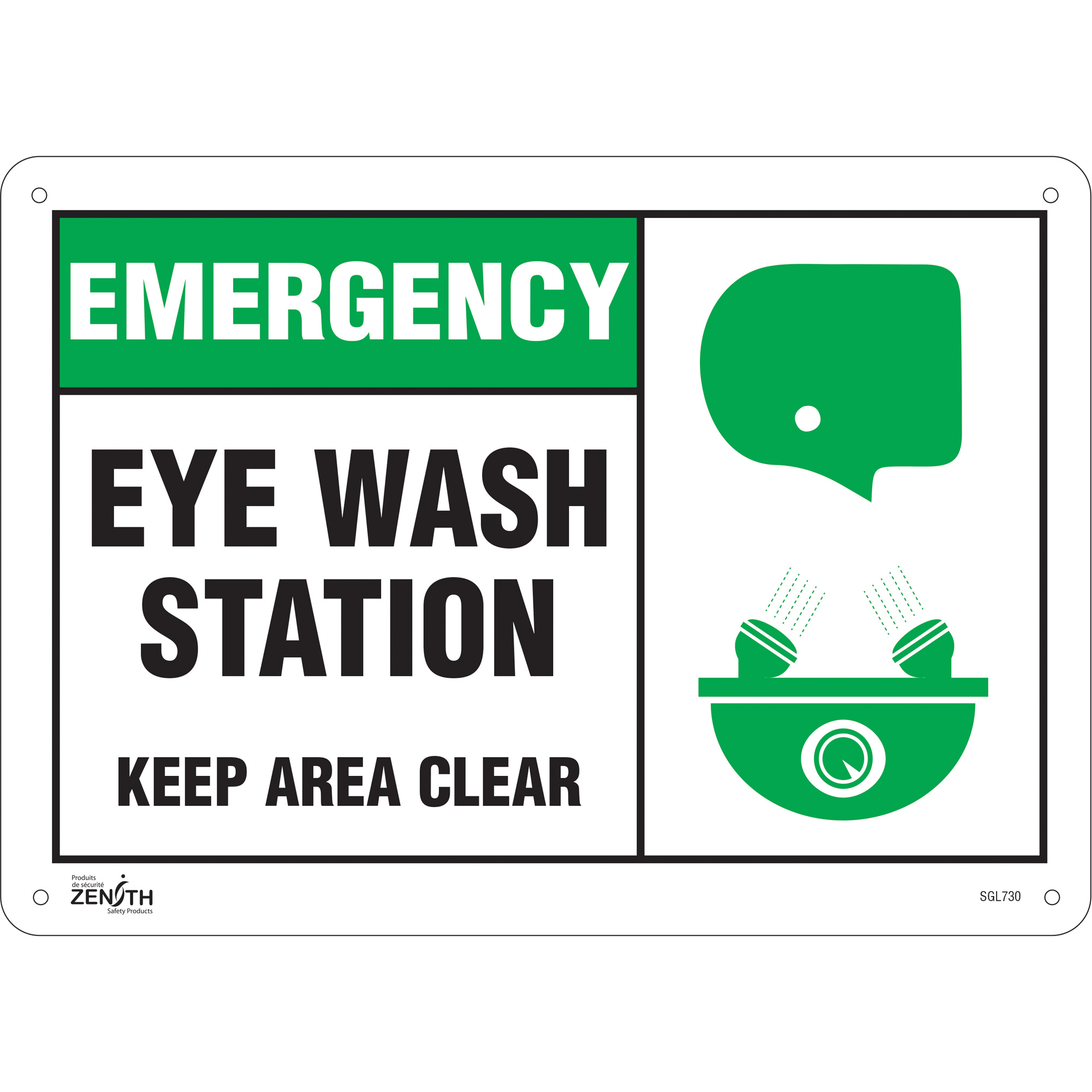 Enseigne «Eye wash Station Keep Area Clear», 10" x 14", Aluminium, Anglais avec pictogramme