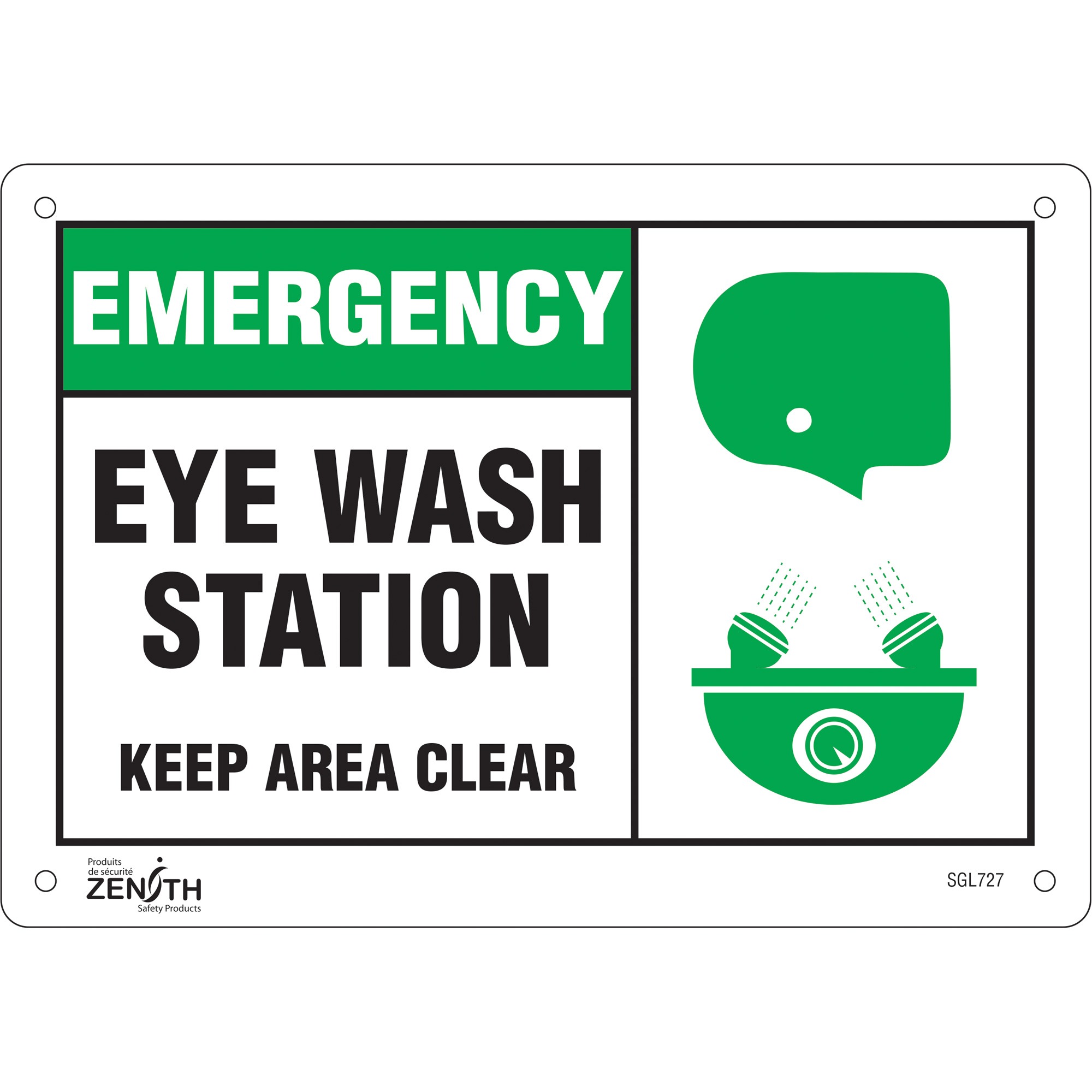 Enseigne «Eye wash Station Keep Area Clear», 7" x 10", Aluminium, Anglais avec pictogramme