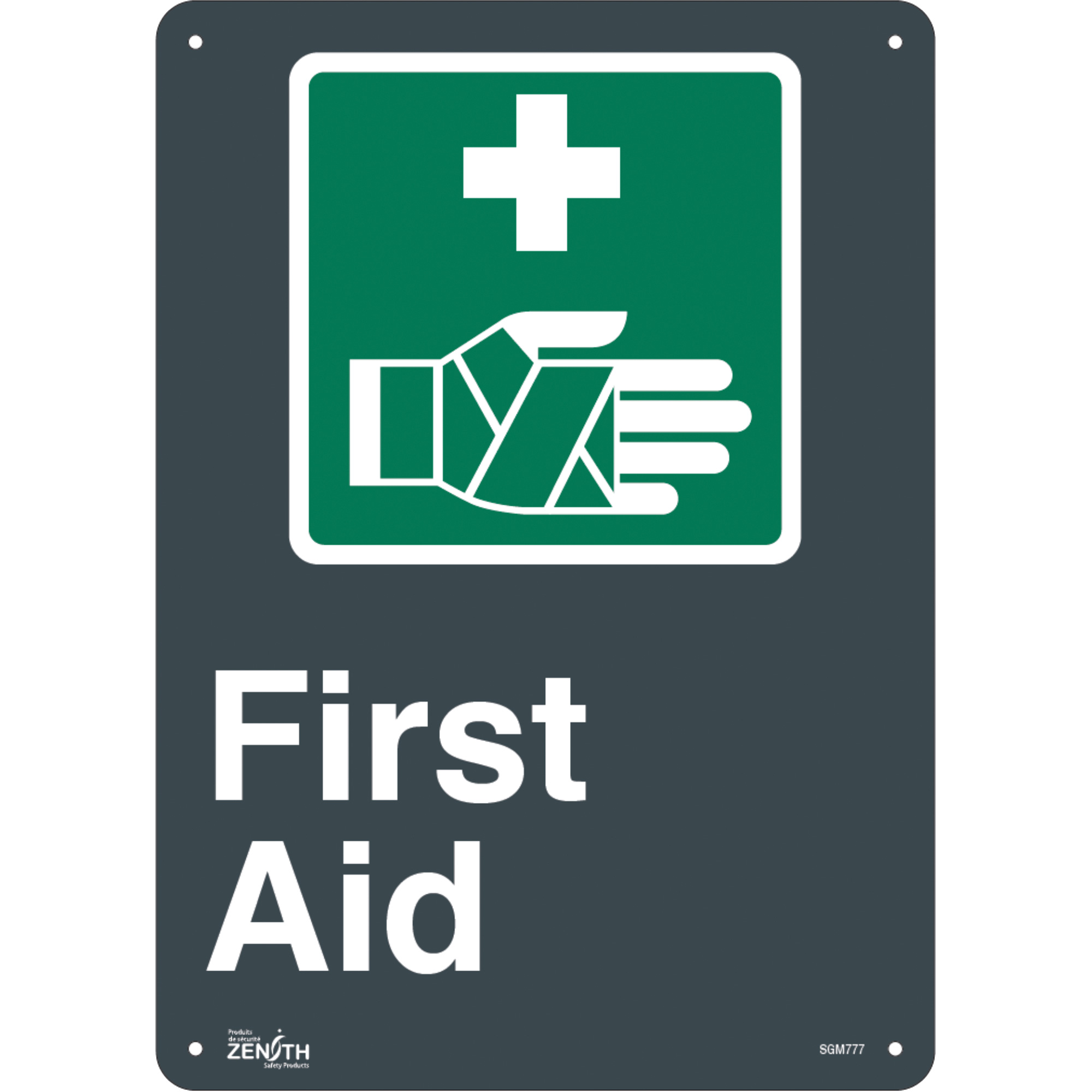 Enseigne «First Aid», 14" x 10", Aluminium, Anglais avec pictogramme
