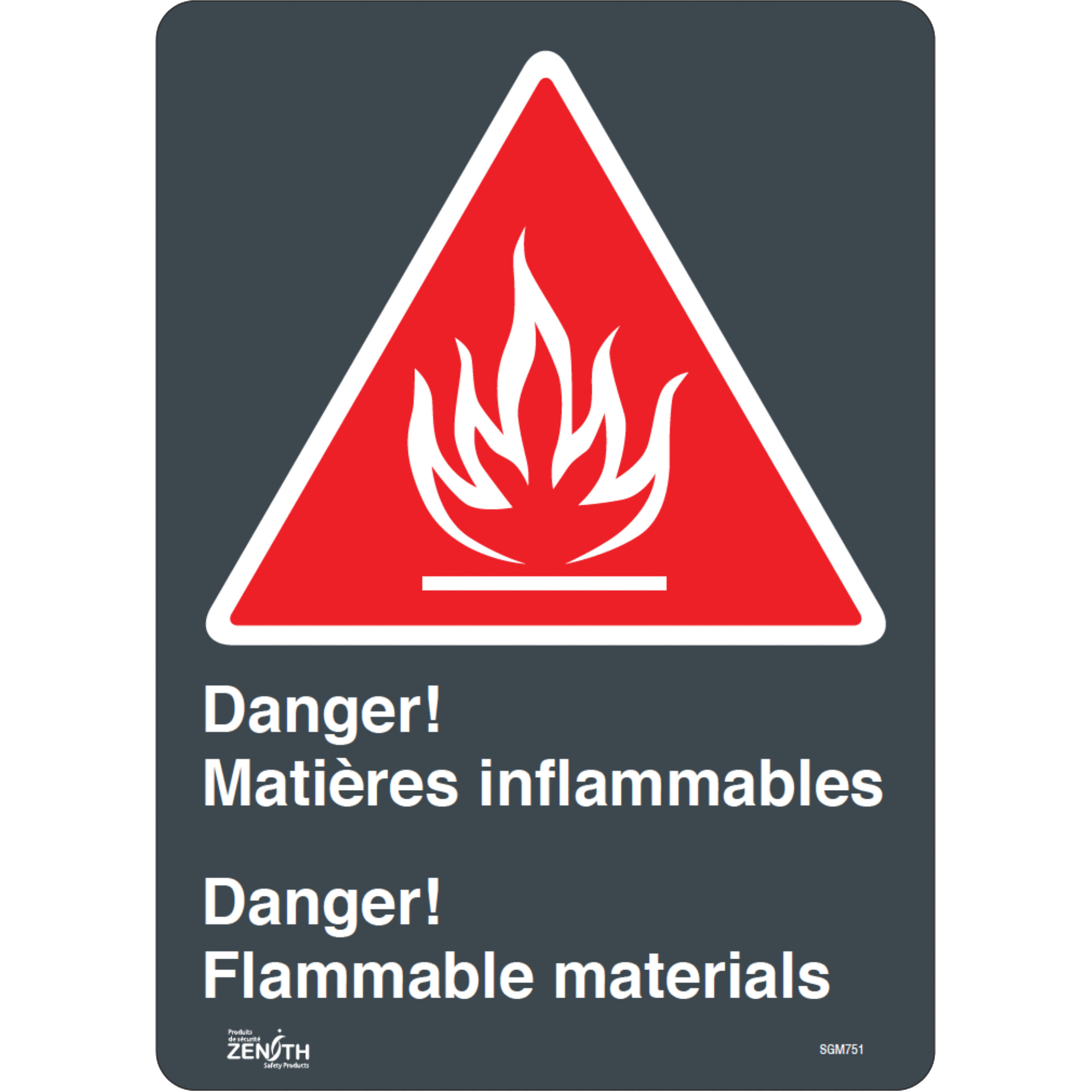 Enseigne «Flammable Materials/Matières Inflammables», 14" x 10", Vinyle, Bilingue avec pictogramme