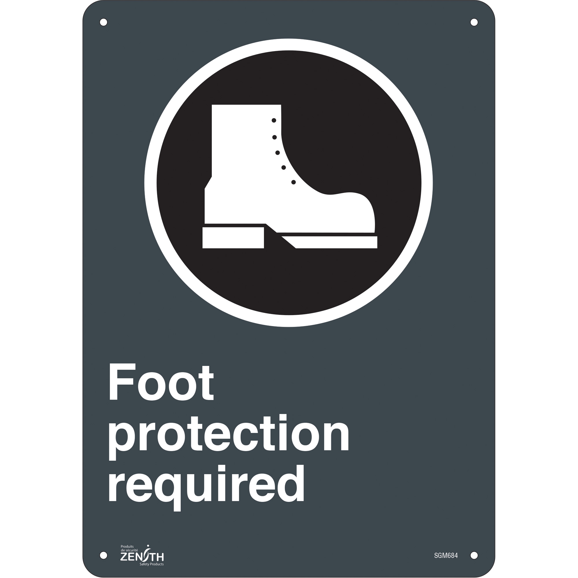 Enseigne «Foot Protection Required», 14" x 10", Aluminium, Anglais avec pictogramme
