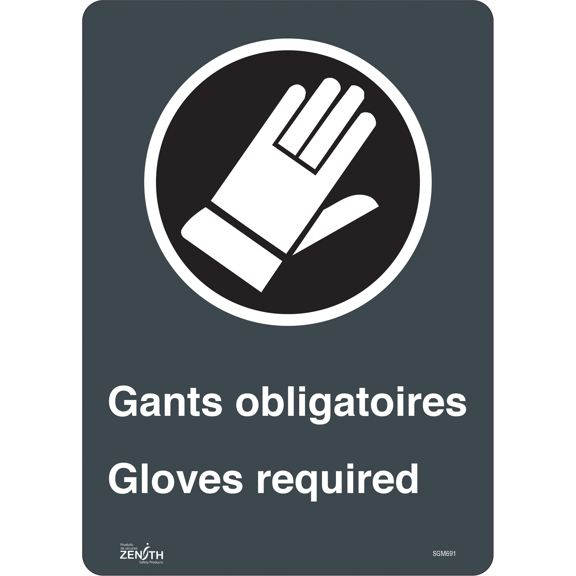 Enseigne «Gant Obligatoires - Gloves Required», 14" x 10", Vinyle, Bilingue avec pictogramme