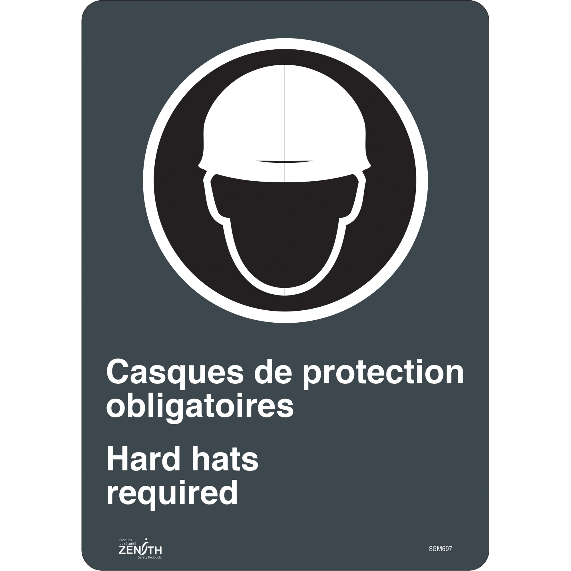 Enseigne «Hard Hats Required», 14" x 10", Vinyle, Bilingue avec pictogramme