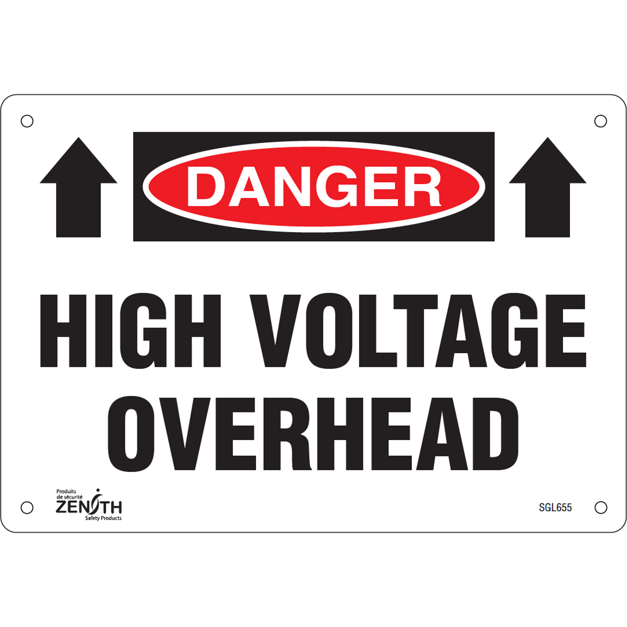 Enseigne «High Voltage Overhead», 7" x 10", Aluminium, Anglais avec pictogramme