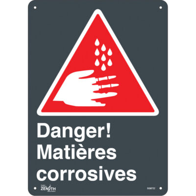 Enseigne «Matières Corrosives», 14" x 10", Aluminium, Français avec pictogramme